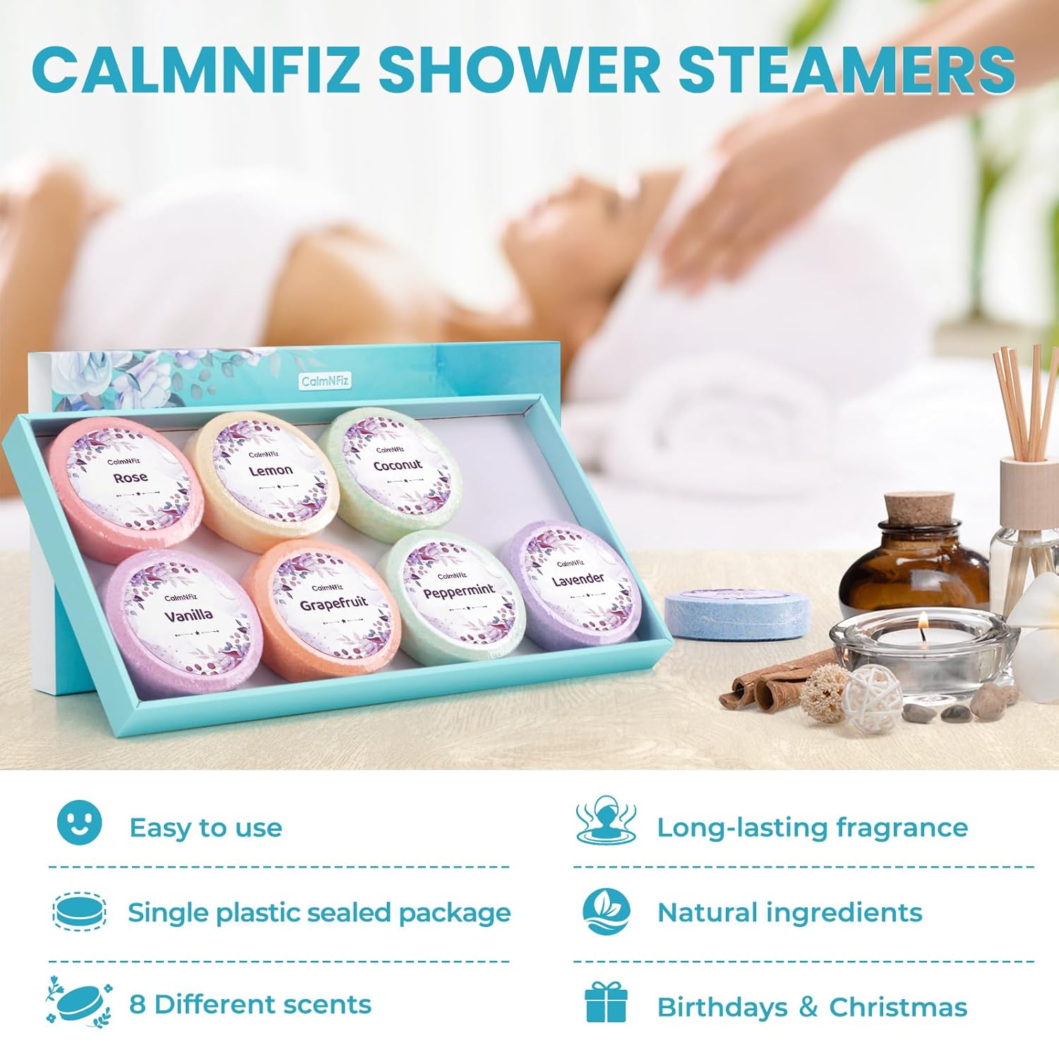 CalmNFiz Shower Steamers 8 Pack Set, Scented Shower Bombs Tablets in Box with 8 Fragrances, Fathers Day Gift for Dad, Self-Care & Relaxation Birthday Gifts for Women & Men, Mom, Wife, Friend