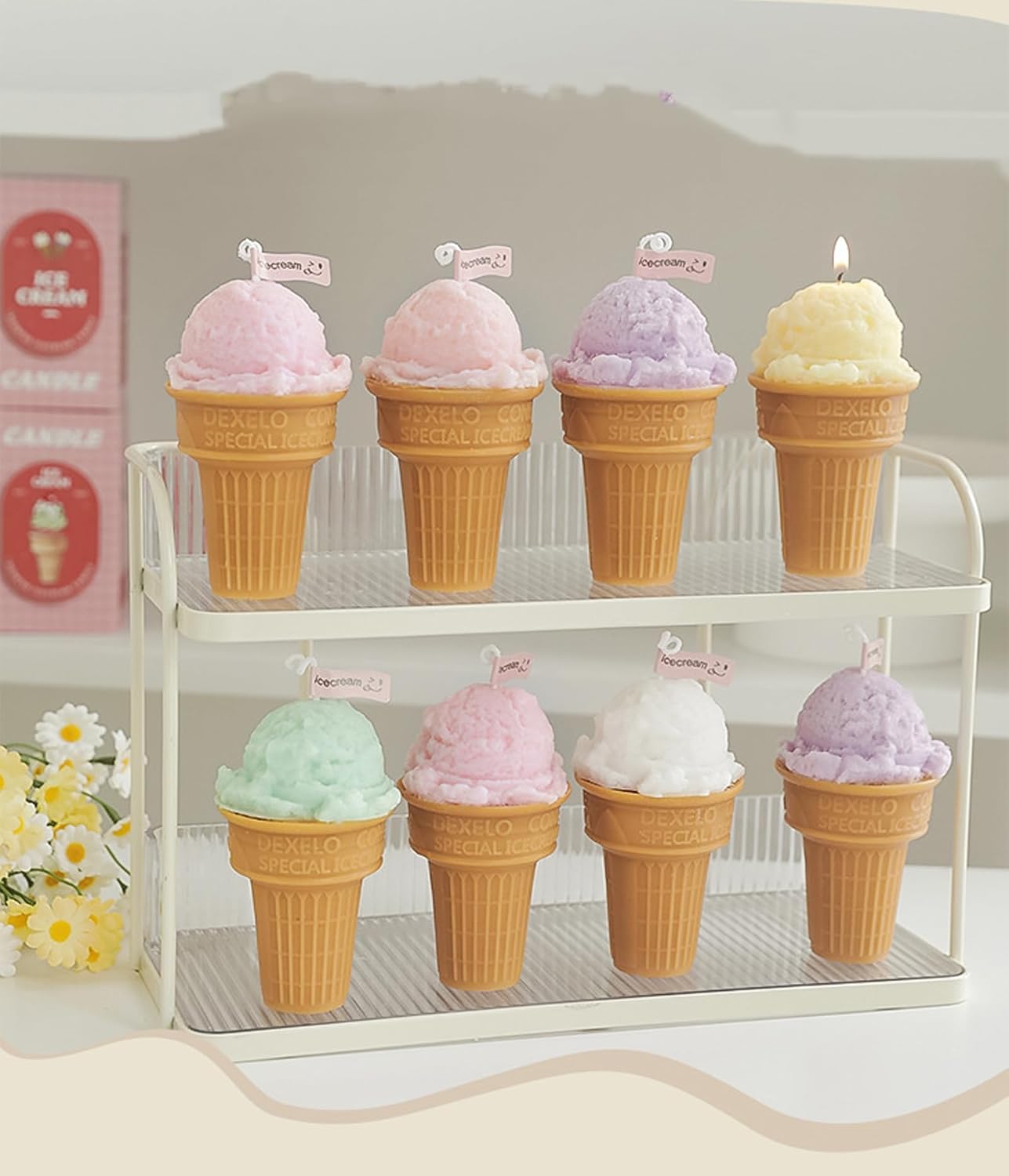Ice Cream Cone Shaped Scented Candle,140G One Pack Handmade Pink Creamy Coffee Soy Wax Decorative Candle for Table Photo Prop,Smokeless Dessert Decor for Party,Wedding Centerpiece & Gifting