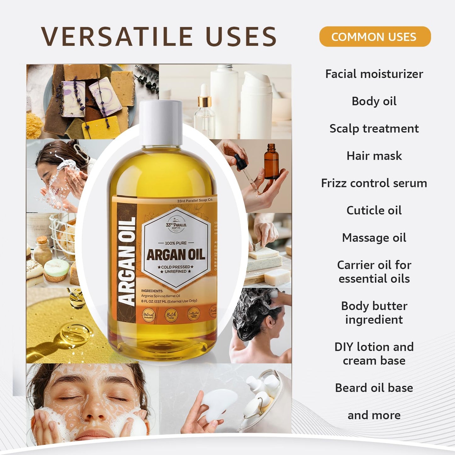 Argan Oil (8oz) – 100% Pure Cold Pressed Carrier Oil for Face, Skin, Hair, Scalp & Nails – Lightweight Natural Moisturizer for DIY Skincare and Beauty Formulations | 8 OUNCES
