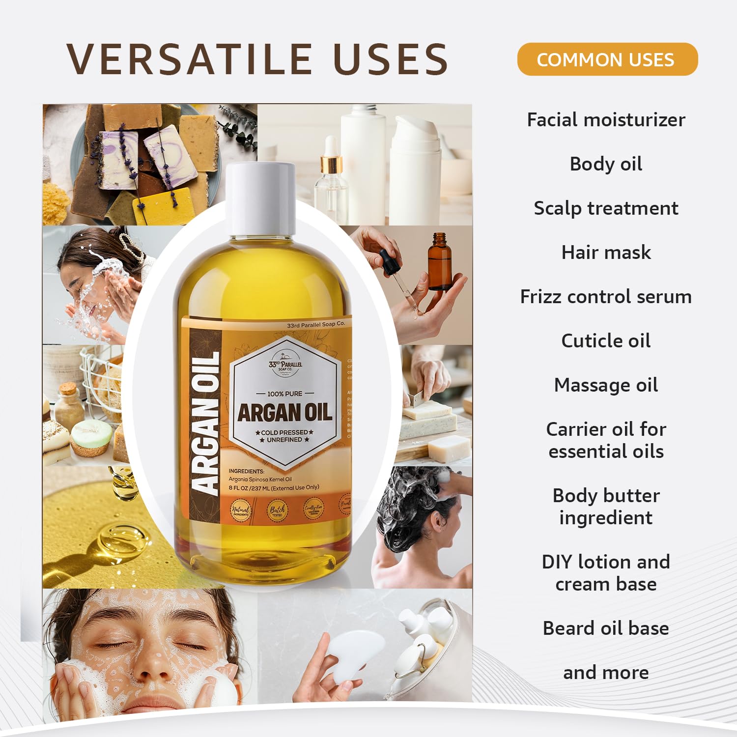 Argan Oil (8oz) – 100% Pure Cold Pressed Carrier Oil for Face, Skin, Hair, Scalp & Nails – Lightweight Natural Moisturizer for DIY Skincare and Beauty Formulations | 8 OUNCES
