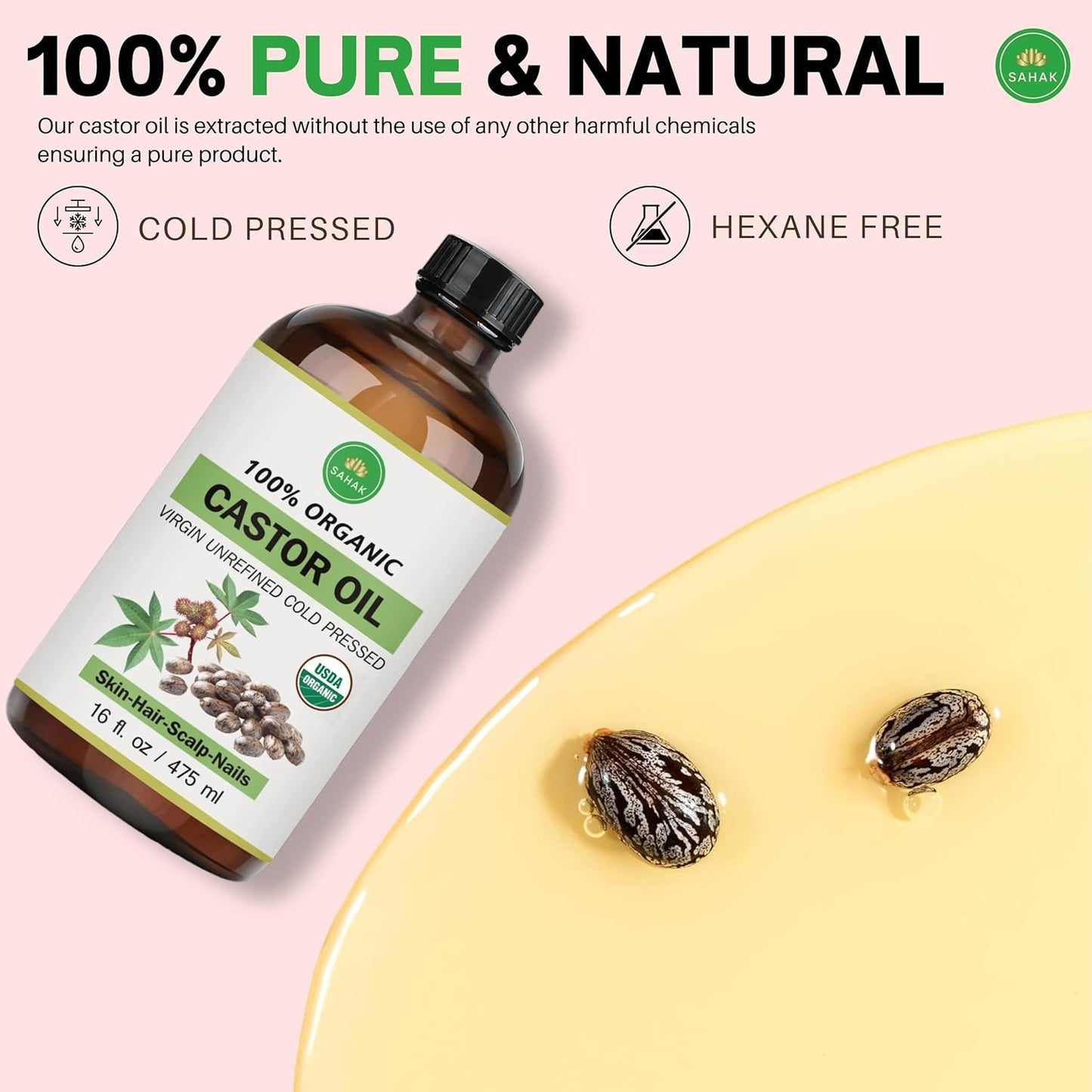 Extra Virgin USDA 100% Organic Castor Oil for Hair, Brows, Lashes & Skin – Cold-Pressed, Hexane-Free, Mess-Free Pump in 16oz Glass Bottle