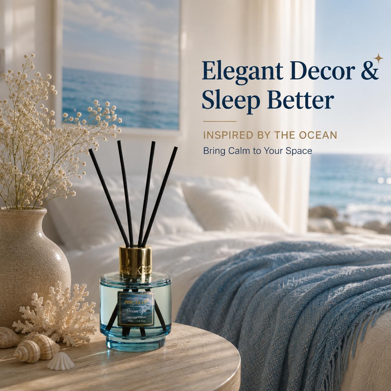 Airkeep Reed Diffuser Set with Refill & 8 Reed Sticks, 6.96 fl oz Ocean Air Home Fragrance, Long Lasting Aromatherapy Diffuser for Bedroom, Bathroom & Living Room