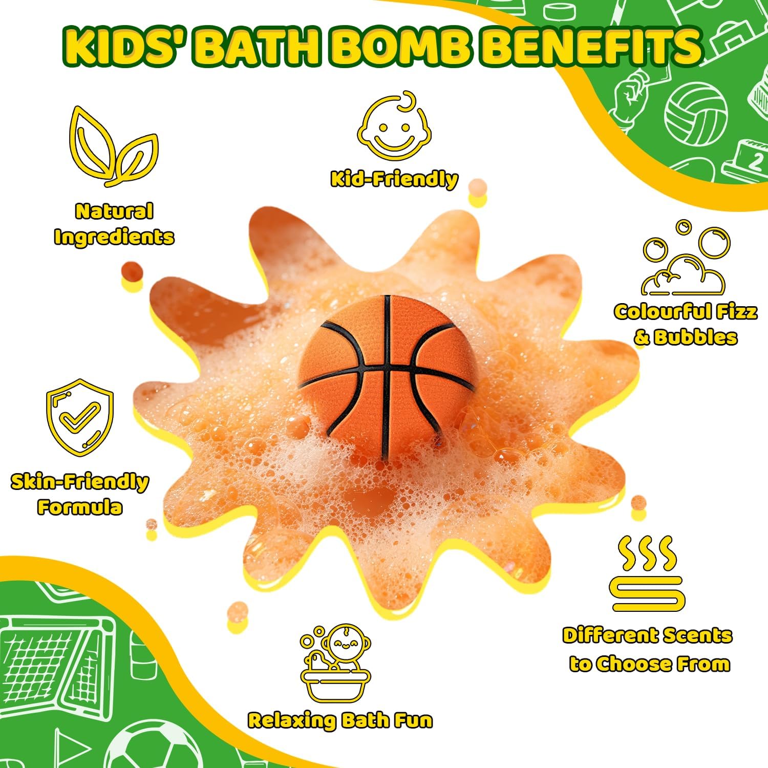 Bath Bombs for Kids, STEM 6-Pack Organic Handmade Bath Bomb Sports Themed, Basketball, Football, Rugby, Golf, Tennis Shapes, Mild Skin-Friendly SPA Toy, Nice Daily Reward and Holiday Gifts