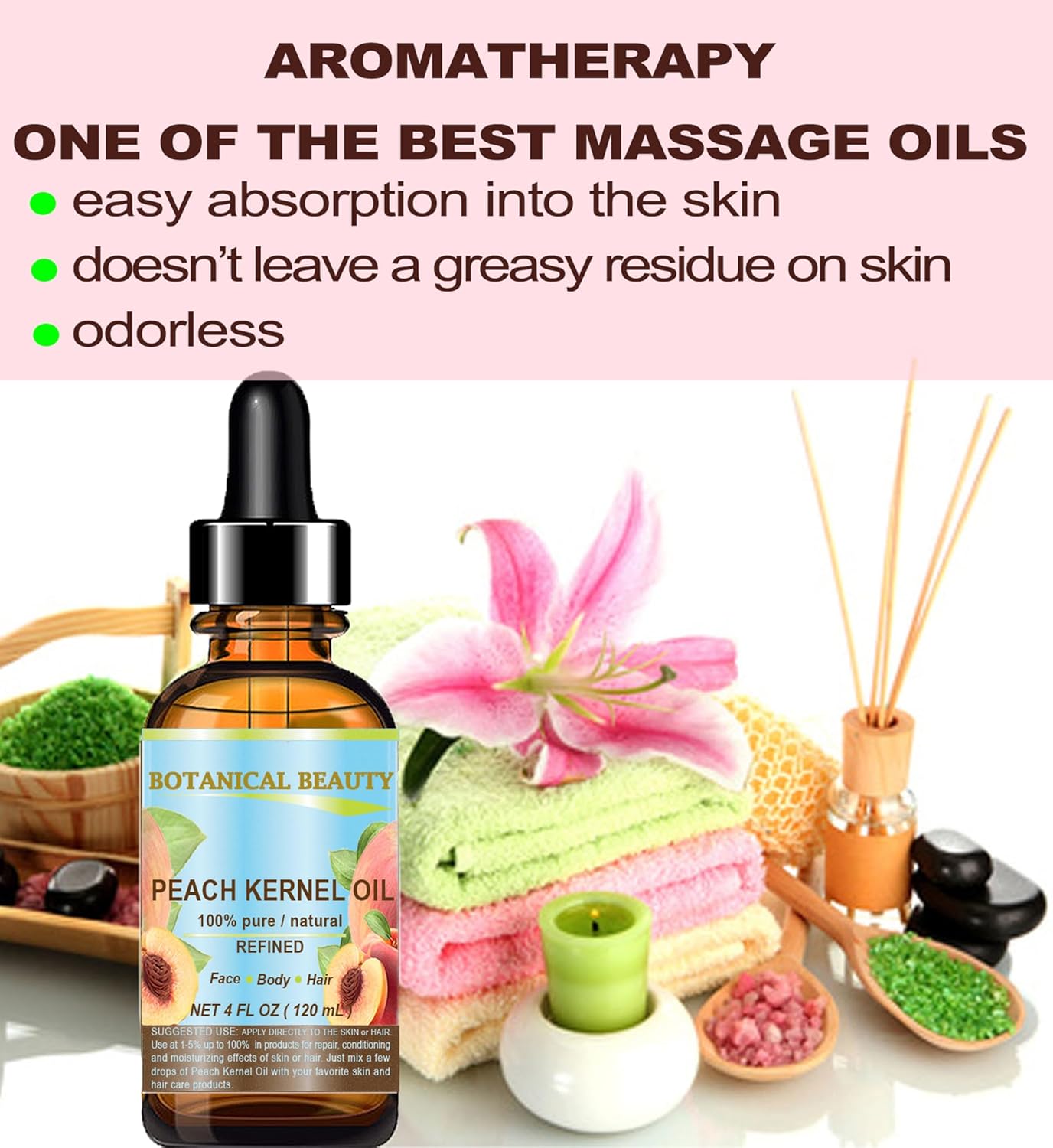 Botanical Beauty Peach Kernel Oil. 100% Pure Natural Undiluted Refined Cold Pressed Carrier Oil for Face, Skin, Hair, Massage, Lip, Nail Care. 4 Fl. oz-120 ml