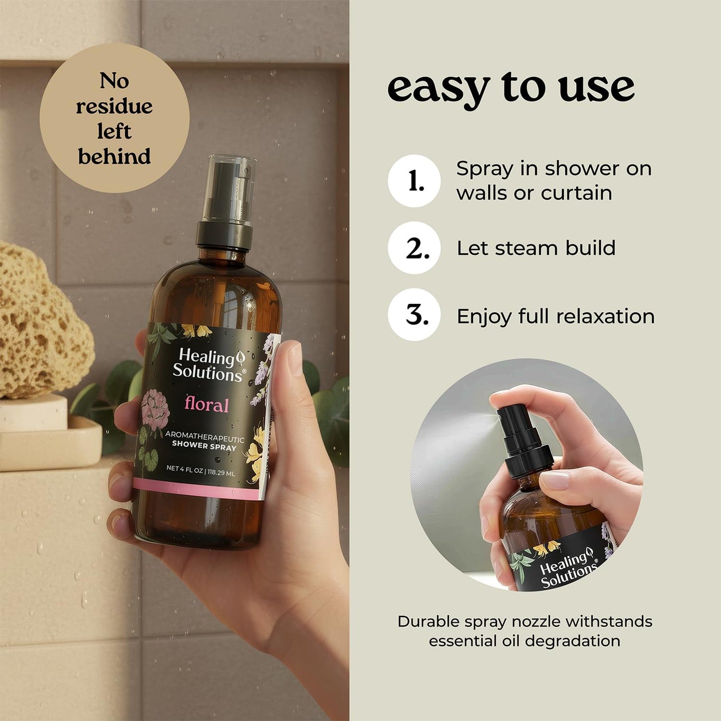 Healing Solutions Aromatherapy Shower Spray, Floral Blend, 4oz, Therapeutic Grade Essential Oils, Made in the USA, At Home Spa Experience (4oz, Floral)
