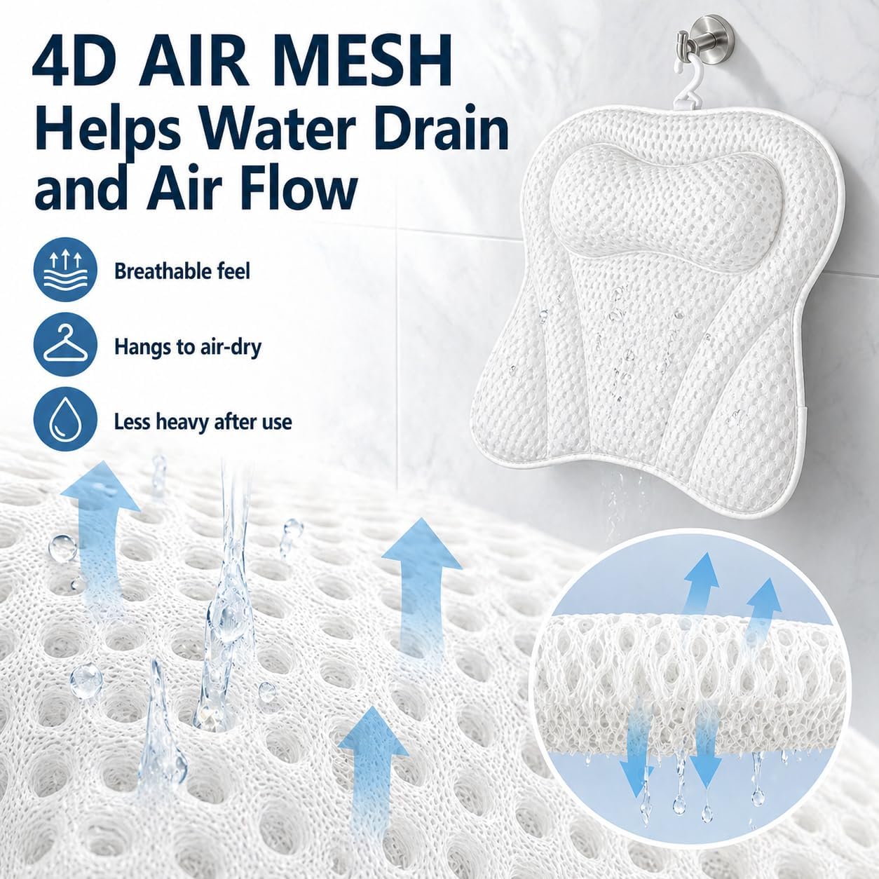 Bath Pillow Bathtub Pillow, Bath Tub Pillows for Head and Neck, Bath Tub Pillow Headrest with Soft Air Mesh Fabric & Strong Suction Cups, Relaxing Bath and Spa Accessories(White)
