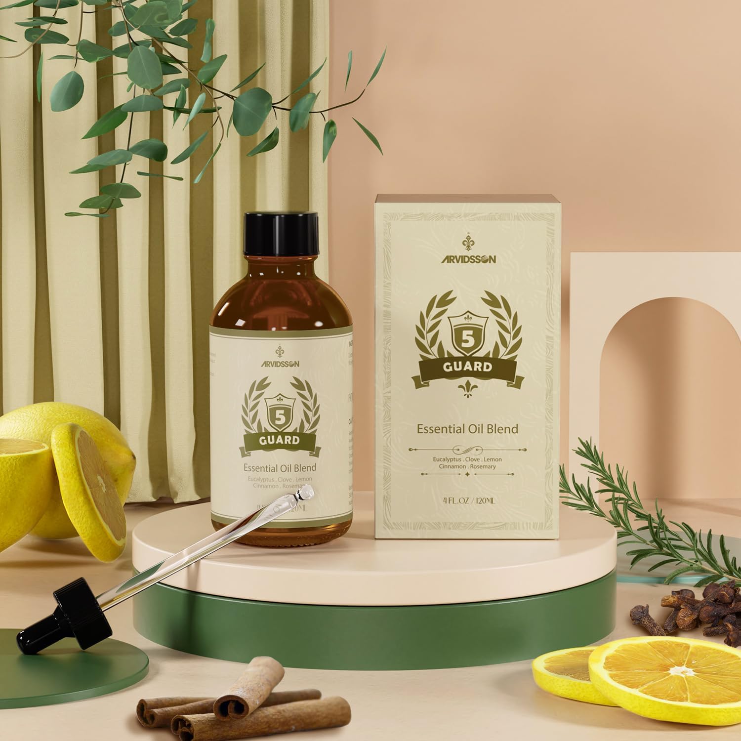 ARVIDSSON Five Guard Essential Oil Blend 4 Fl. Oz (120ml), Guards Essential Oil Blends of Clove, Eucalyptus, Lemon, Cinnamon, Rosemary Oils, A Refreshing Experience for Home