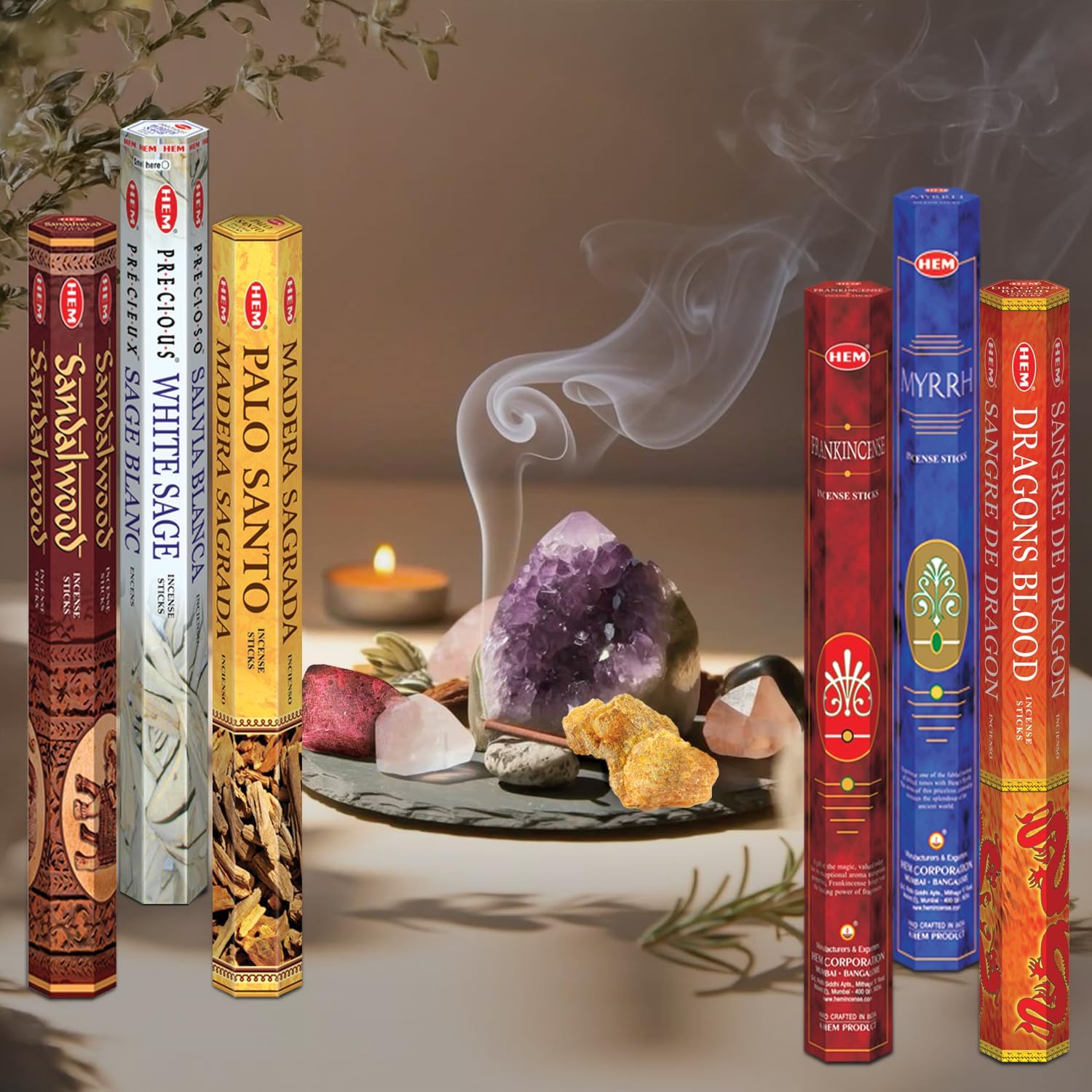 Hem Assorted Incense Sticks | Natural Fragrance | Positive Energy & Spiritual Wellness | Multiple Scents | Pack of 6 (White Sage, Palo Santo,Dragon Blood, Sandalwood,Frankincense, Myrrh)