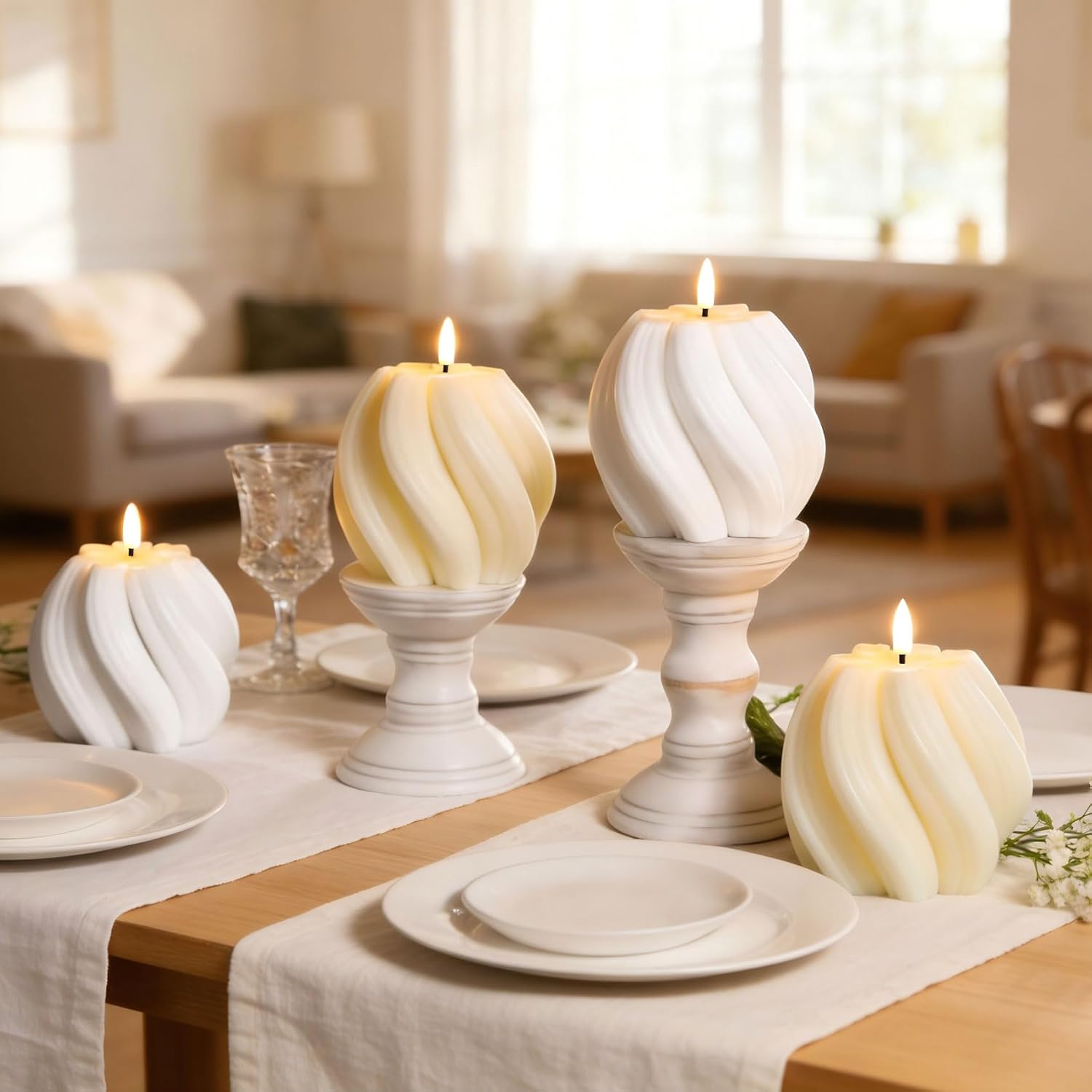 Cream White Swirl Flameless Candles with Remote, Aesthetic Twirl LED Pillar Candle Housewarming Gift Home Shelf Decor Set of 2