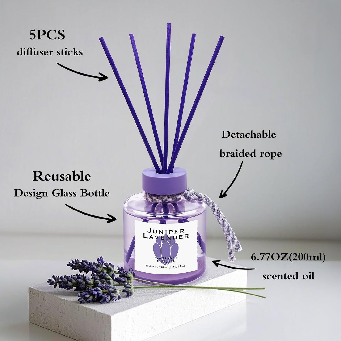 Juniper Lavender Reed Diffuser, 6.77OZ/200ML Large Capacity Natural Non-Toxic Oil, Long-Lasting Fragrance Reed Diffusers Set for Home and Bathroom, Aroma with 5 Reed Diffuser Sticks