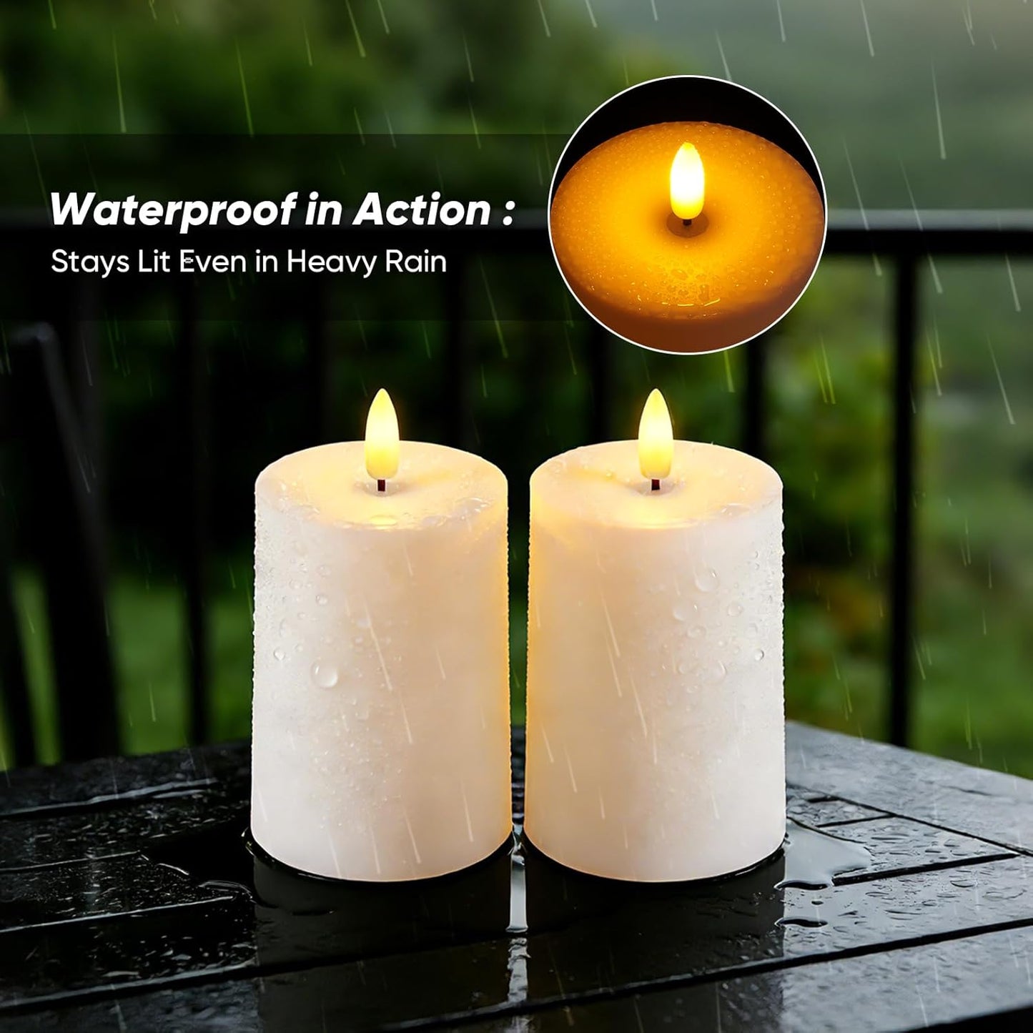 Raycare 3"x4.5" White Outdoor Waterproof Flameless Candles with Remote and Timer, Realistic LED Candles, Battery Operated Electric Fake Pillar Candles for Porch, Patio, Garden, Set of 2