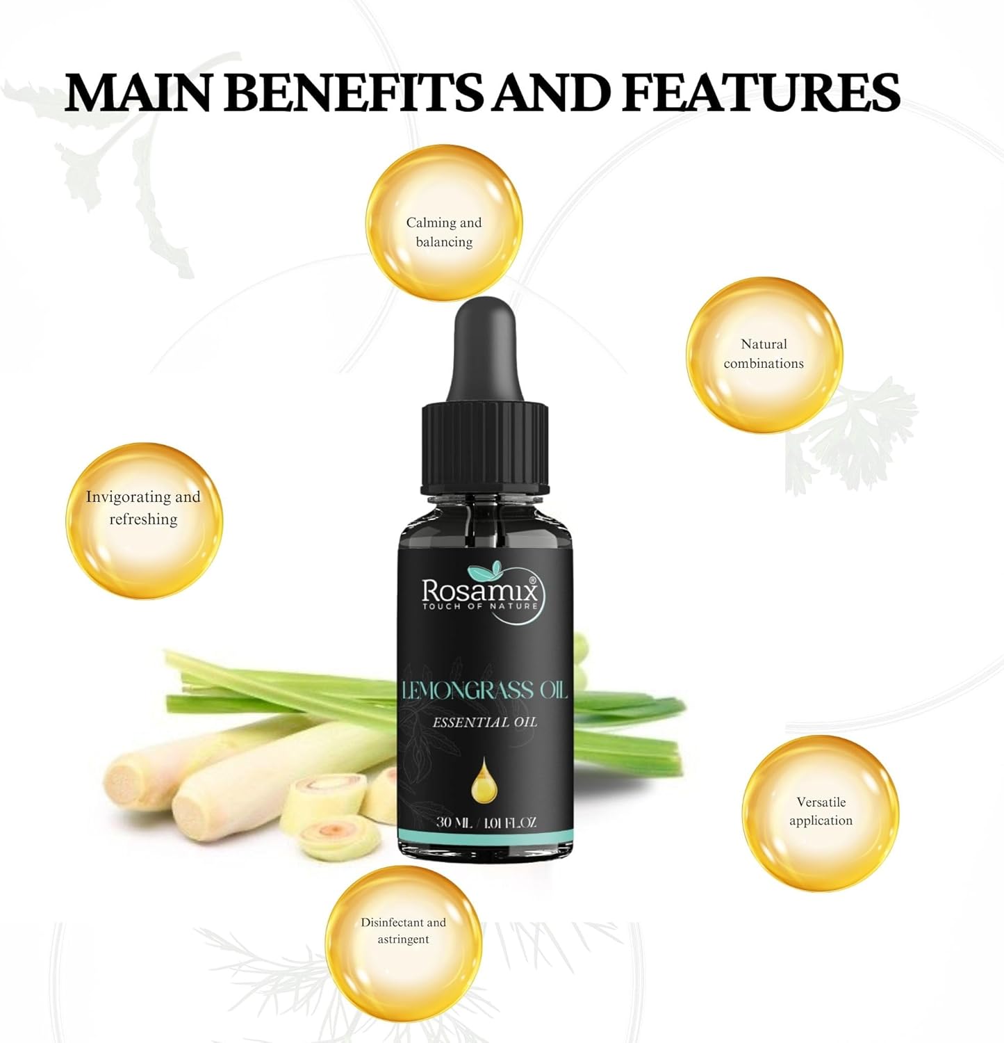 Pure Lemongrass Essential Oil - Refreshing, Skincare, Relaxation, Bath, and Massage Oil, 30ml
