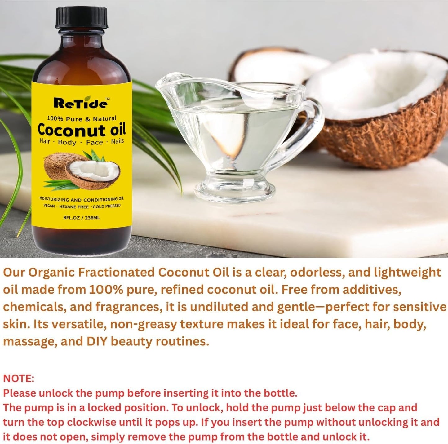 Organic Fractionated Coconut Oil, Cold Pressed Pure Liquid Carrier Oil with Pump, Hexane Free, Glass Bottle, 8 Fl Oz
