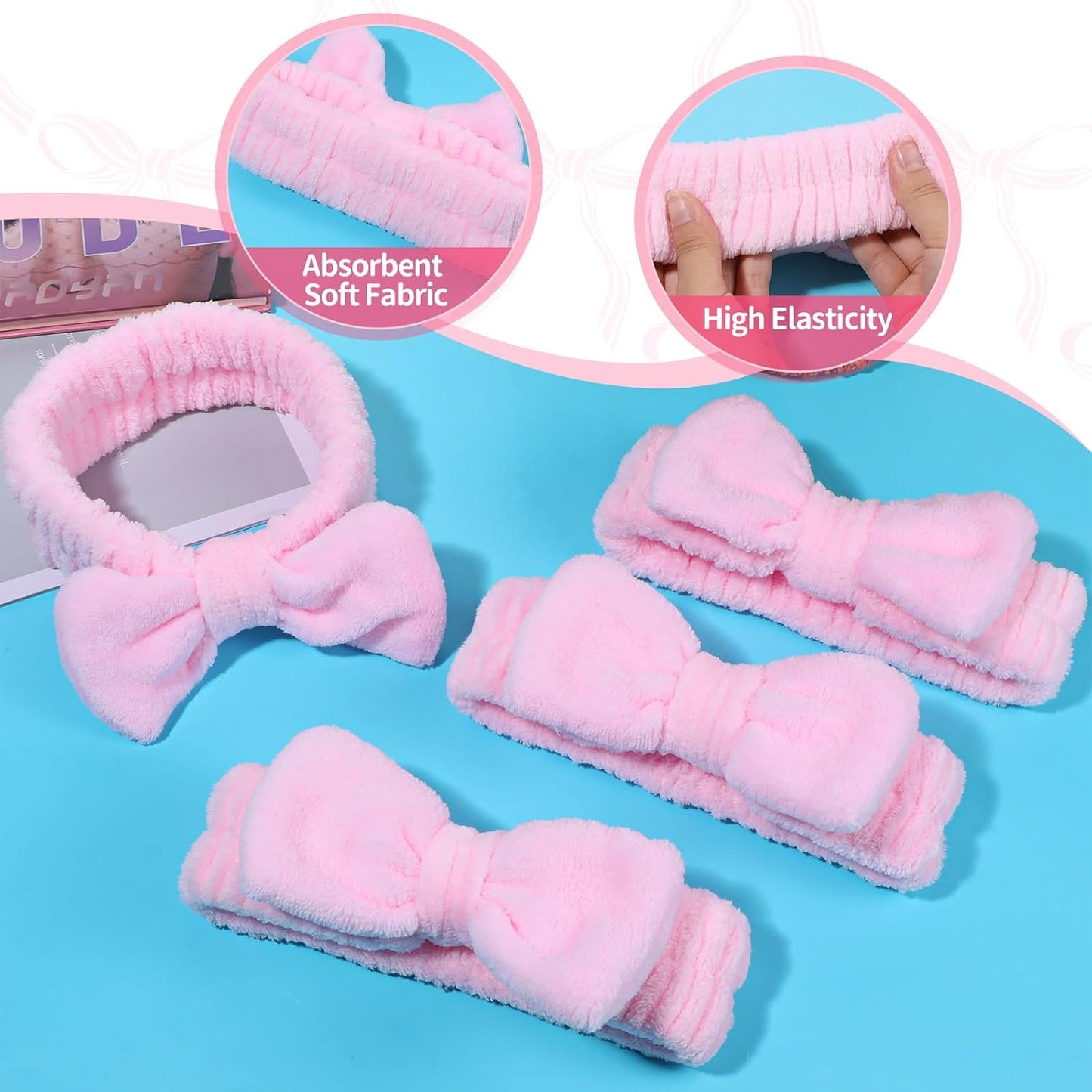 20 PCS Spa Headband Bulk, Pink Spa Headbands for Women, Hair Band for Washing Face Beauty Shower Skincare, Elastic Bowknot Make up Headband