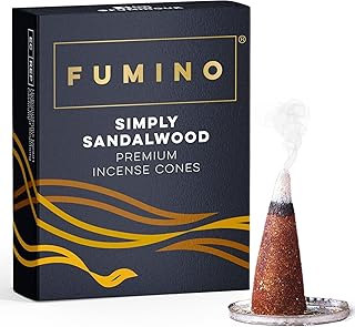 Fumino Simply Sandalwood Incense Cones 15 Pack - Handmade Natural Masala Incense Cones for Meditation & Home Fragrance, Low-Smoke Warm Woody Scent, Bureau Veritas Certified