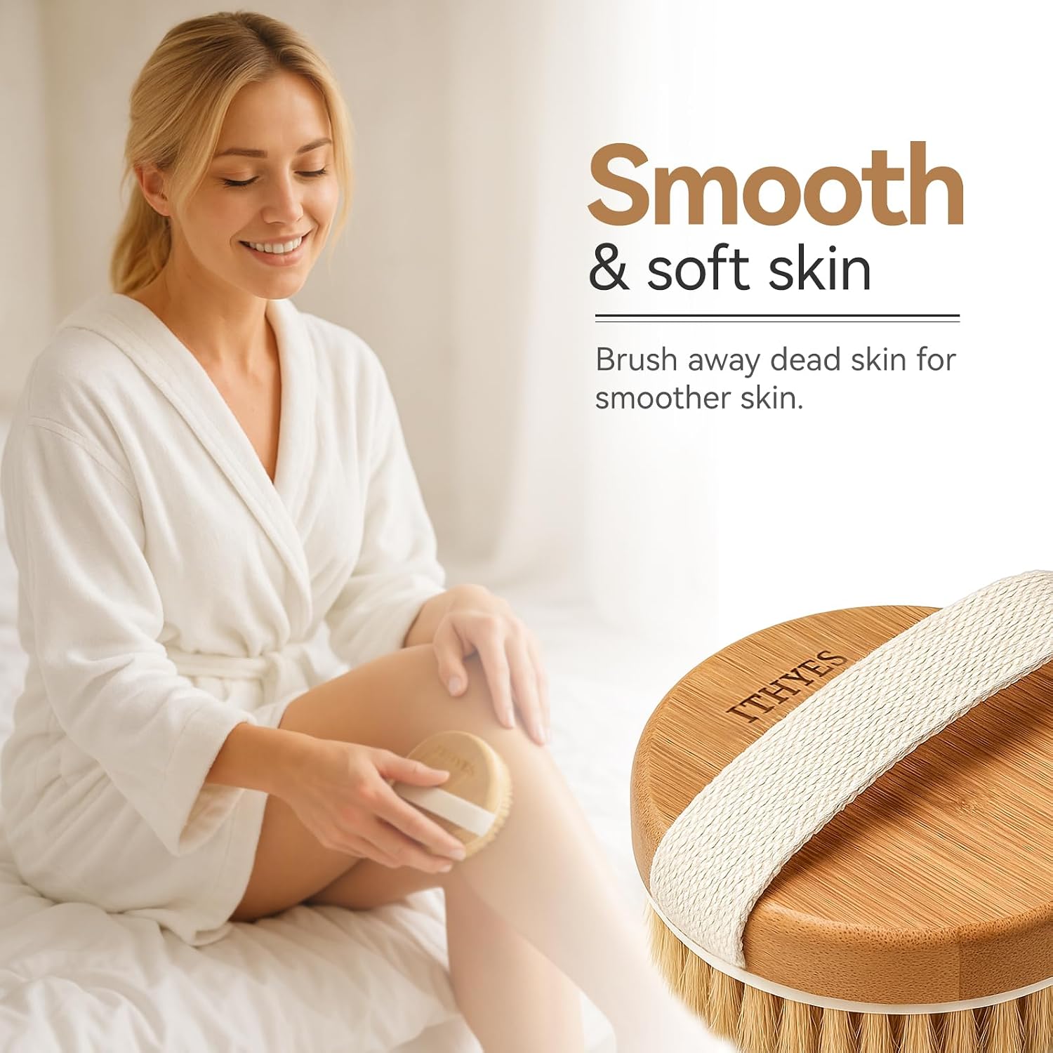 Body Brush Dry Brushing Bath Brush Gentle Skin Exfoliate Massage Scrub 100% Nature Boar Bristles Bamboo Wood Improve Blood Circulation Wet & Dry Smooth Fresh Treatment,with Canvas Bag