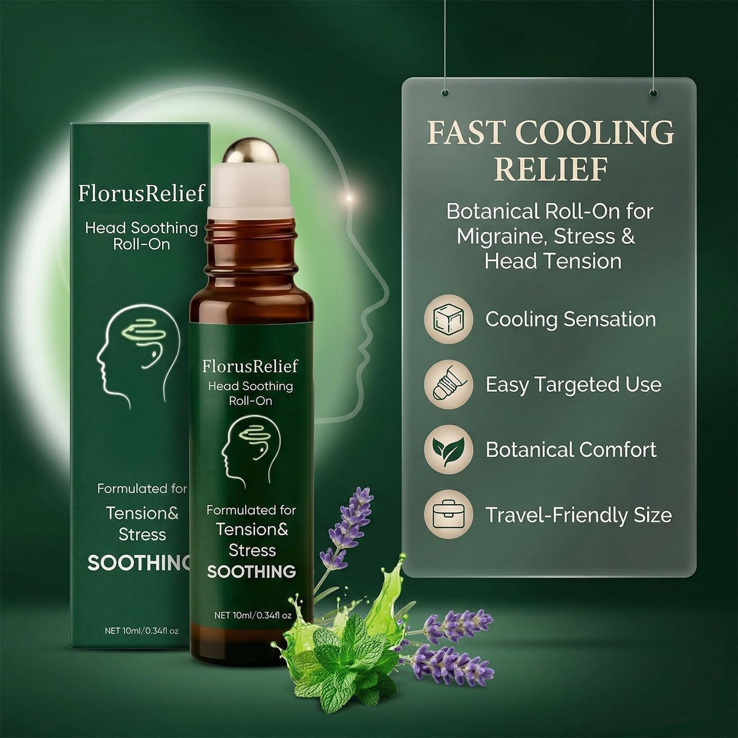 Florus Relief Roll on, Migraine Roll on with Magnesium Glycinate, Lavender, Peppermint, Chamomile for Headache Support (1)