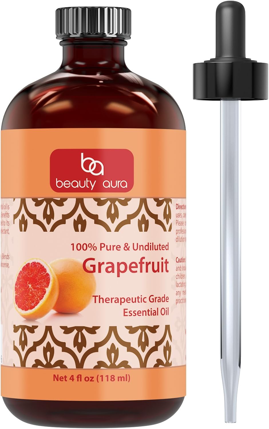 Beauty Aura Grapefruit Essential Oil * 4 Oz. Bottle * 100% Pure, Undiluted Therapeutic Grade Oils * Ideal for Aromatherapy & Diffusers Great Value!