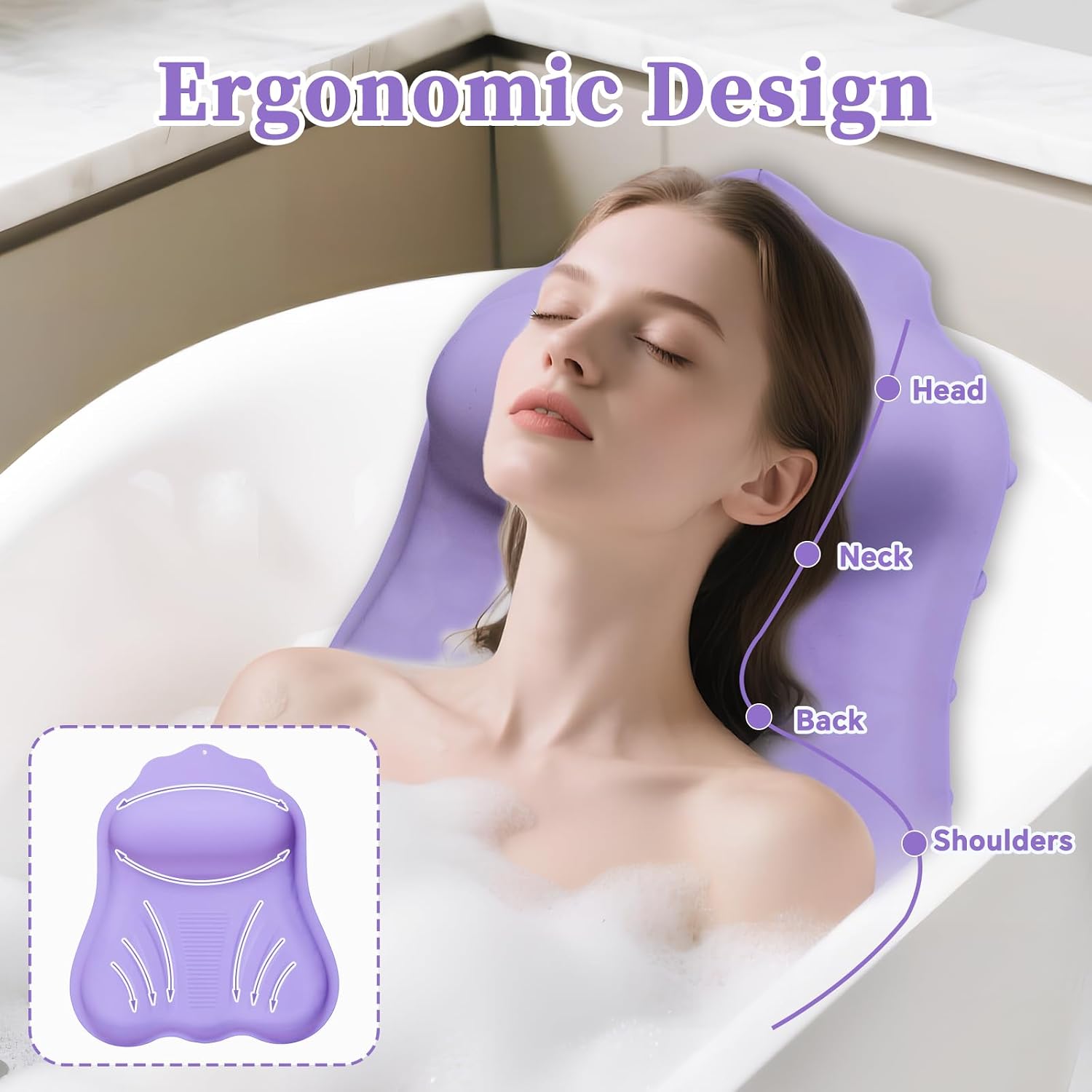 Luxury Silicone Bath Pillow for Tub, New Cloud-Soft 4D Air-Cushion Bathtub Pillow for Head and Neck & Back Support, Strong Suction Cups, Waterproof Quick-Dry Bathtub Headrest (Purple)