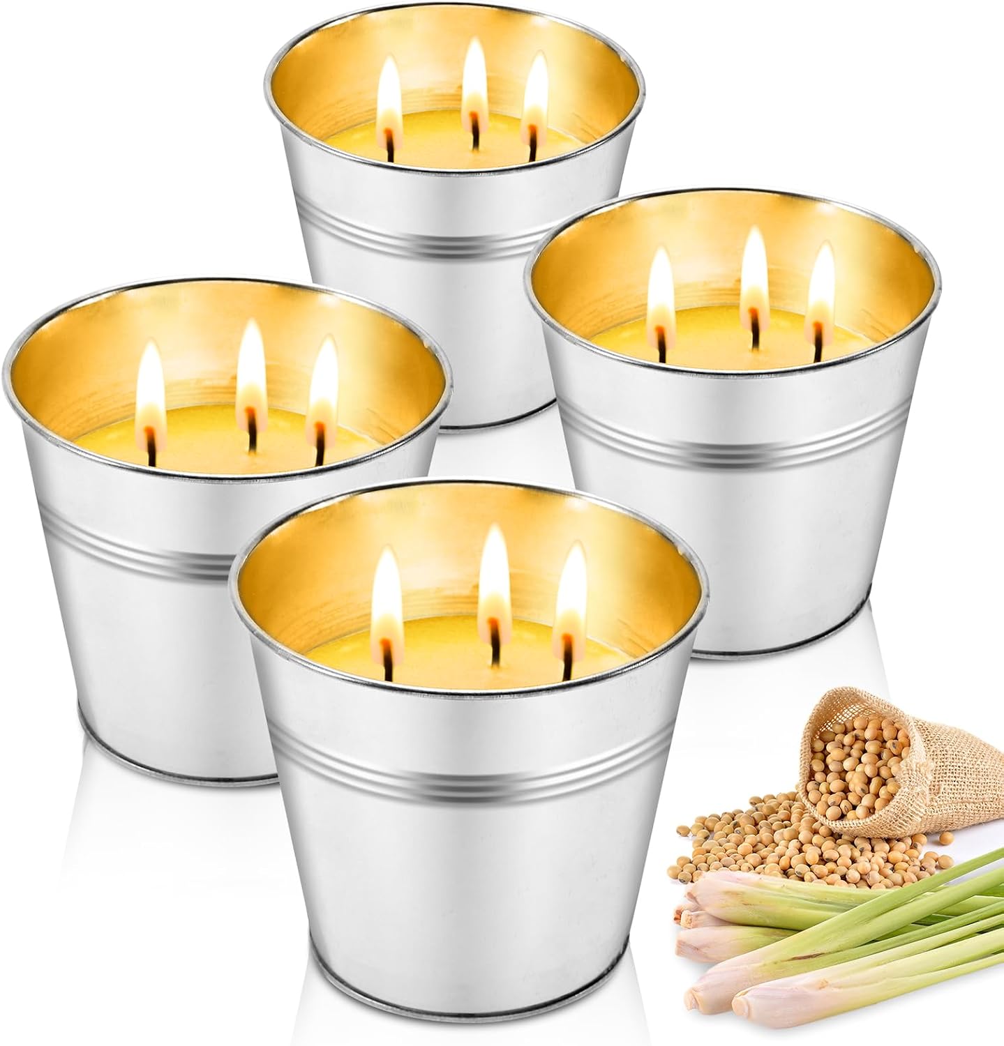 Whaline 4Pcs Citronella Candles Outdoor Large 3-Wick Soy Wax Scented Summer Iron Bucket Candles for Wedding Birthday Outside Indoor Patio Home Garden Yard Balcony Camping Porch BBQ