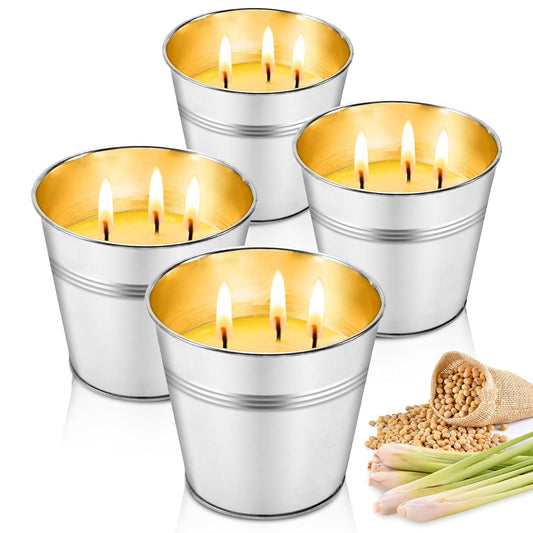 Whaline 4Pcs Citronella Candles Outdoor Large 3-Wick Soy Wax Scented Summer Iron Bucket Candles for Wedding Birthday Outside