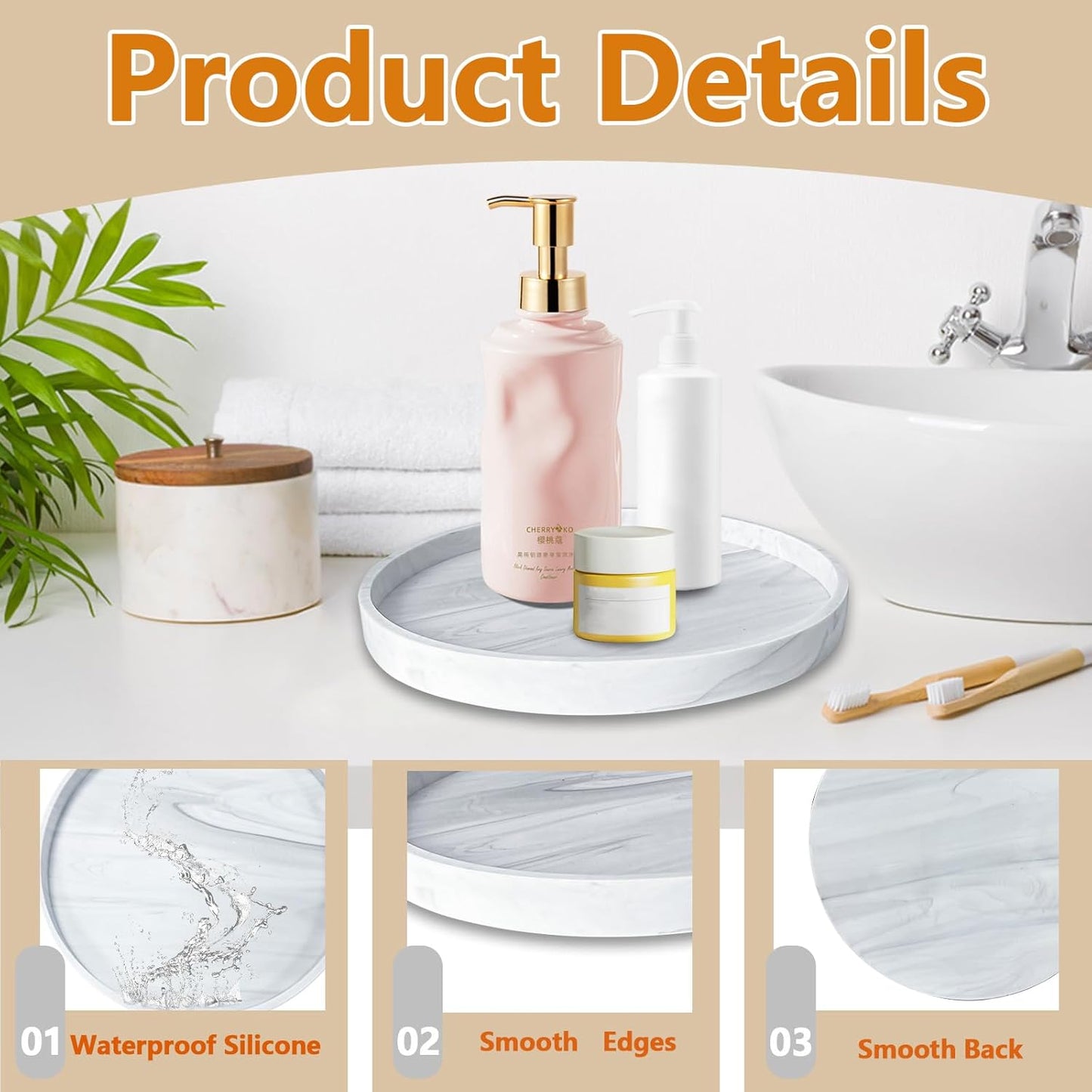LELE LIFE Silicone Bathroom Vanity Tray, 7.1in Marble Bathroom Tray Countertop Organizer, Decorative Perfume Tray Coffee Table Dresser Counter Decor for Candle Jewelry Key (Round)