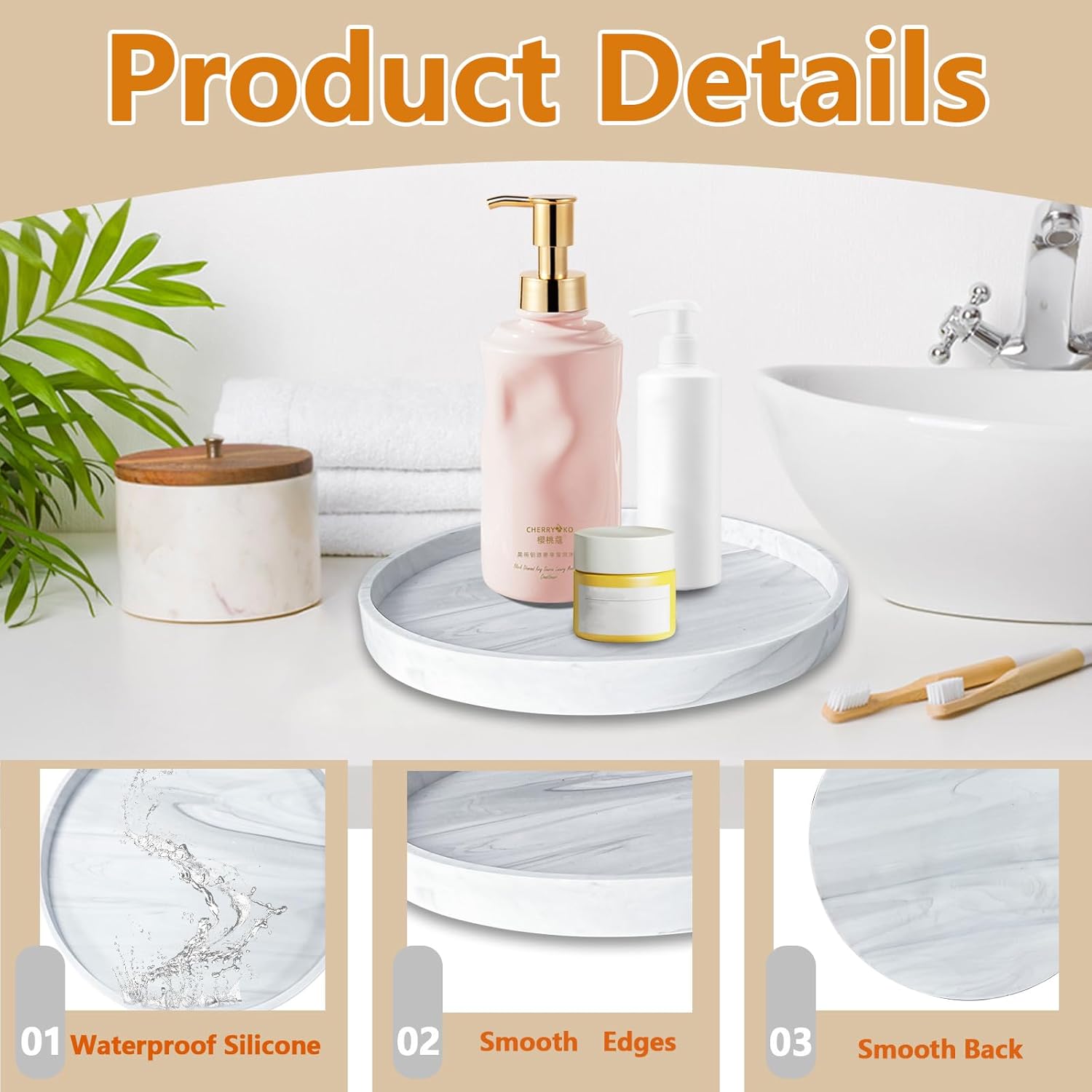 LELE LIFE Silicone Bathroom Vanity Tray, 7.1in Marble Bathroom Tray Countertop Organizer, Decorative Perfume Tray Coffee Table Dresser Counter Decor for Candle Jewelry Key (Round)