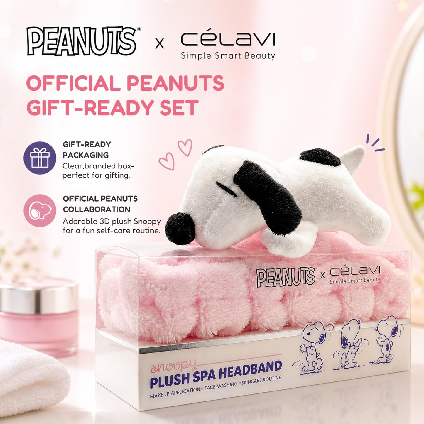 Celavi x Peanuts Snoopy Plush Spa Headband - Soft Pink Makeup Hair Band for Face Washing & Skincare Routine, Cute Facial Accessory for Women & Girls