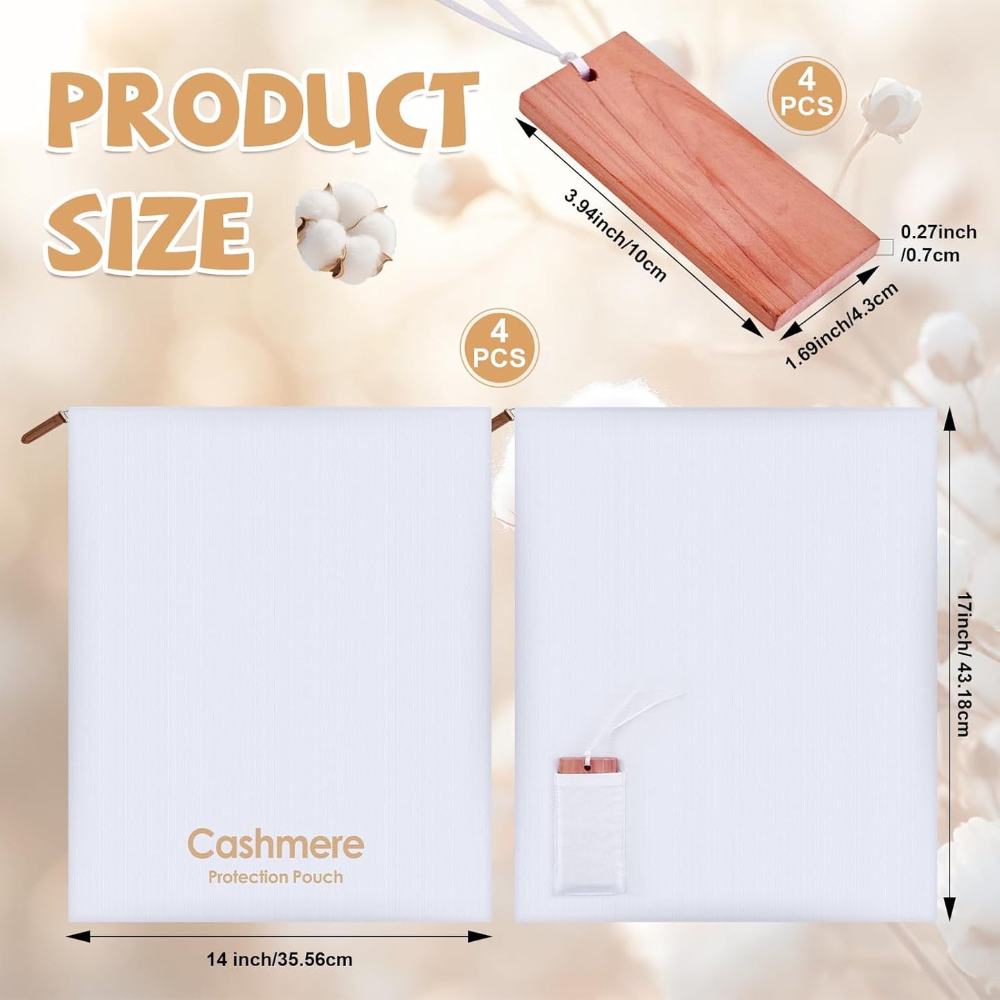 4 Pack Cashmere Storage Bags with 4 Cedar Blocks, Cotton Sweater Garment Storage Pouches with Natural Cedar for Odor Control, Closet Drawer Seasonal Clothing Organizer,17 x 13.5 Inch