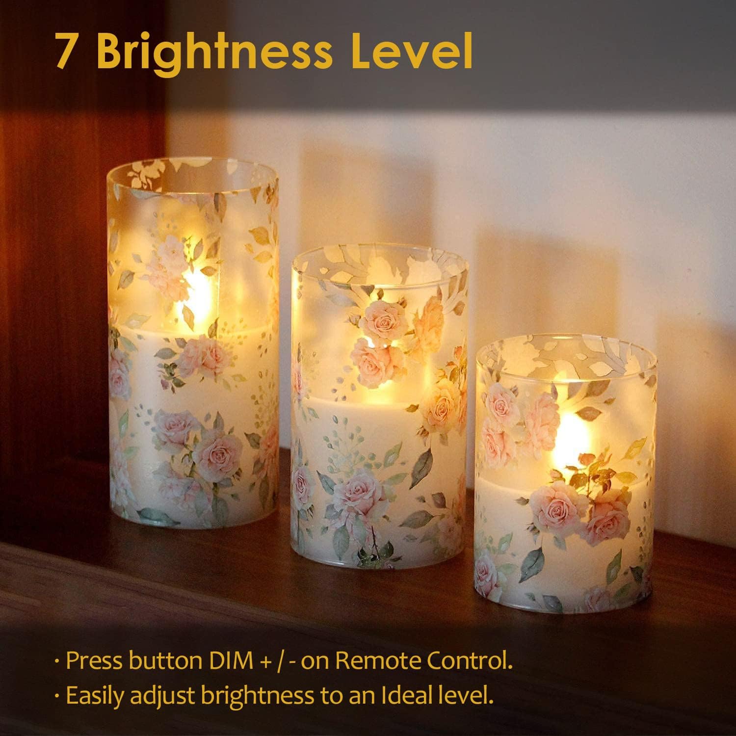 Rose Flameless Candles Love Theme Battery Operated Glass Flickering LED Candle with Remote Pink Flower Decal Realistic Pillar Candles Bedroom Home Decor Table Ornament