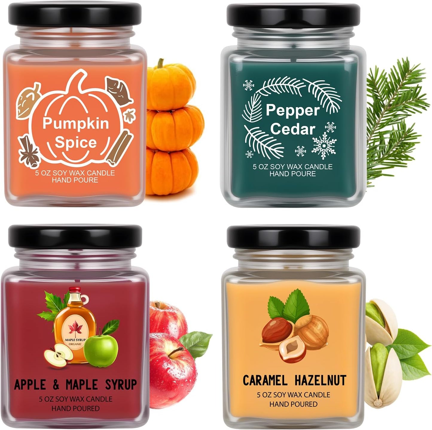 Scented Candles 4 Pack Soy Candles Set for Women Gift | Holiday Gift for Home Decor, Holiday Candle Home Decor - Pumpkin Spice, Apple Maple Syrup, Caramel Hazelnut, Pepper Cedar