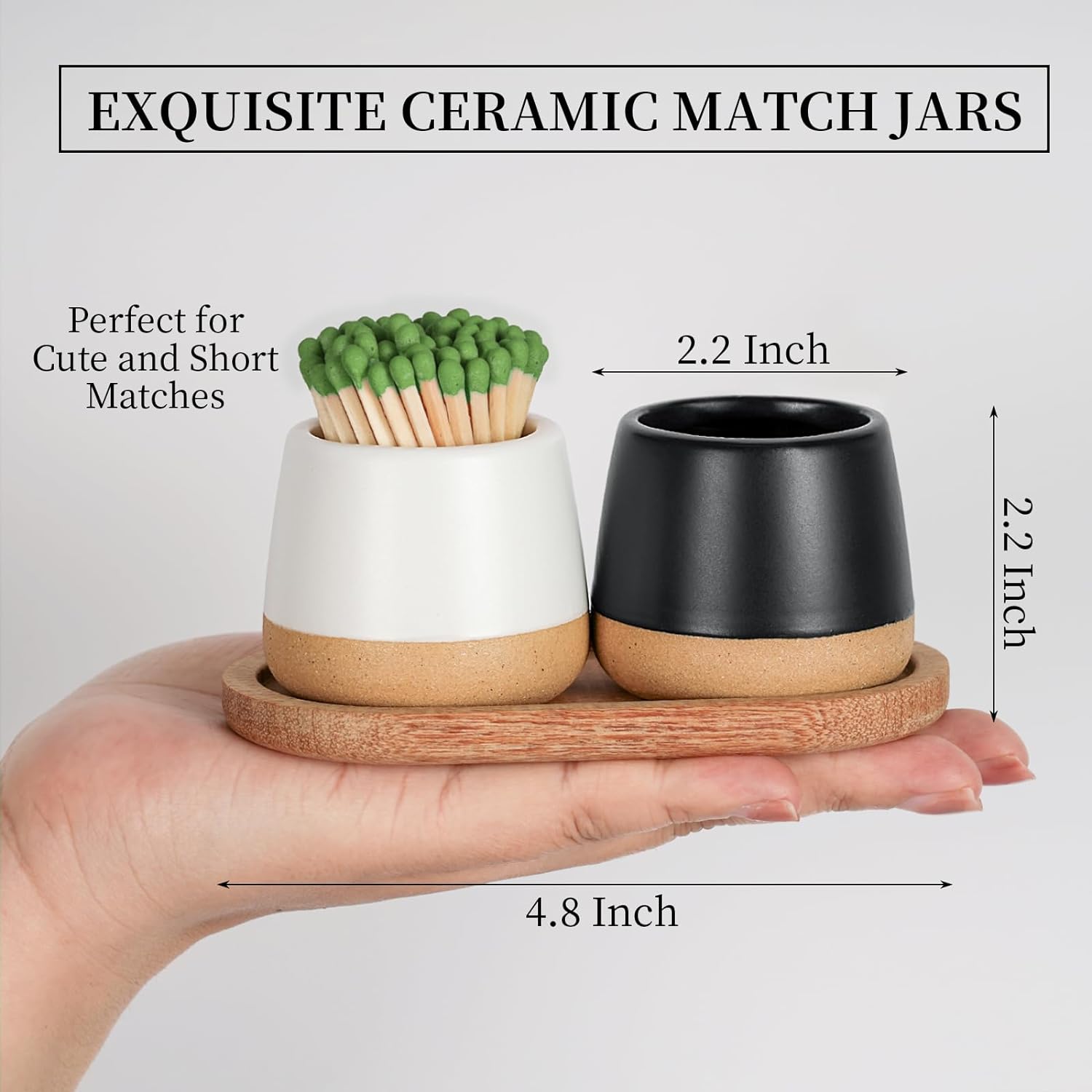 FreeJac Set of 2 Ceramic Match Holder with Striker - Match Container With Wooden Tray Matchstick Holder for Kitchen Bathroom Candle Parlor Modern Home Decor - MATCHES NOT INCLUDED