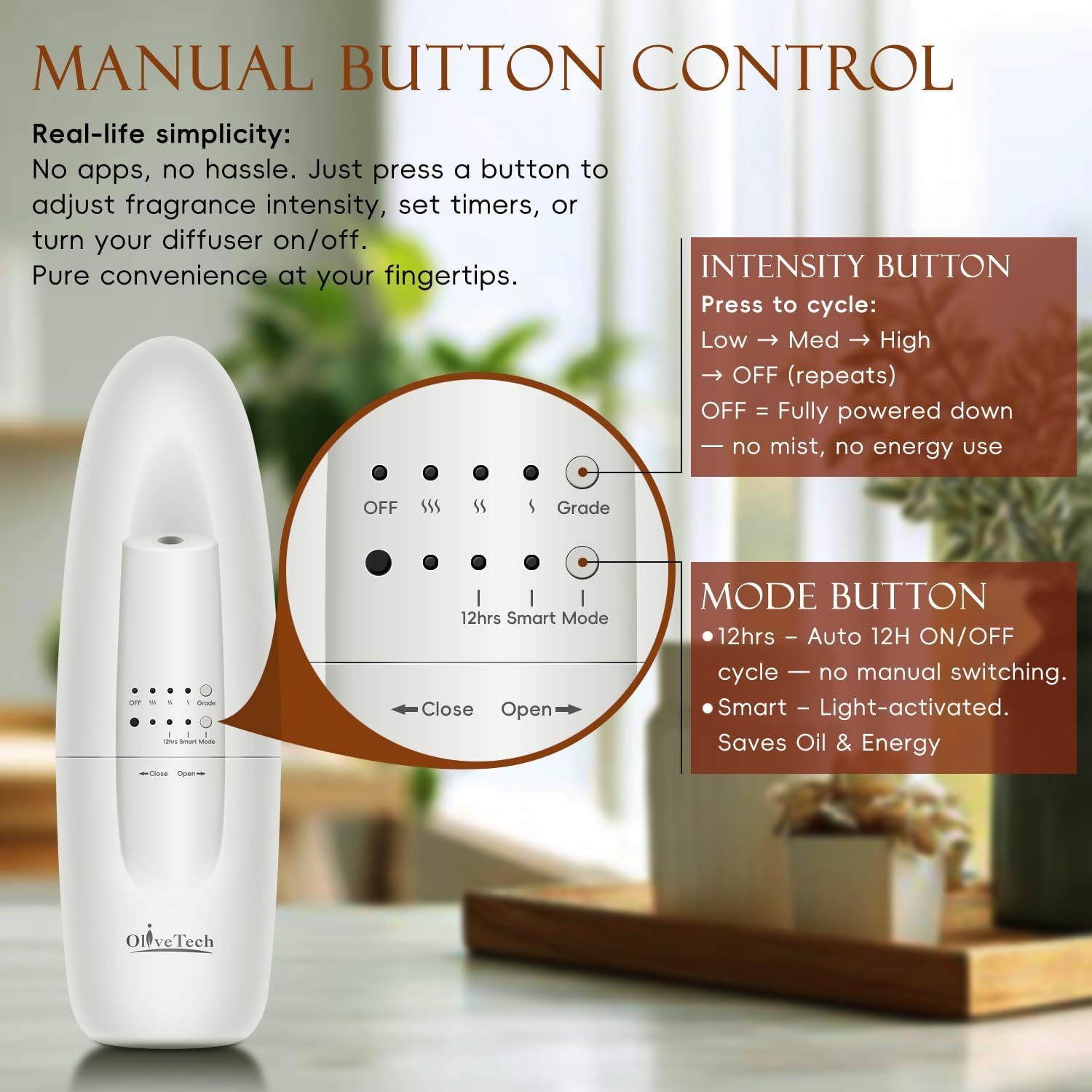 Plug in Scent Diffuser, OliveTech Waterless Essential Oil Diffuser, Cover Up to 500 Sq. Ft., Hotel Collection Diffuser, Aromatherapy Diffusers for Home, Office, 1 x 30ml Essential Oil Included
