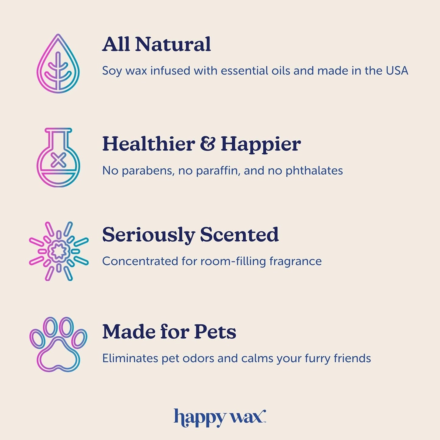 Happy Wax Pet Scents Collection: Pet Safe, Odor Eliminating, Non-Toxic Scented Soy Wax Melts – Total 6oz Variety Pack: Teakwood Trails, Lavender Fields, and Sugared Fruit