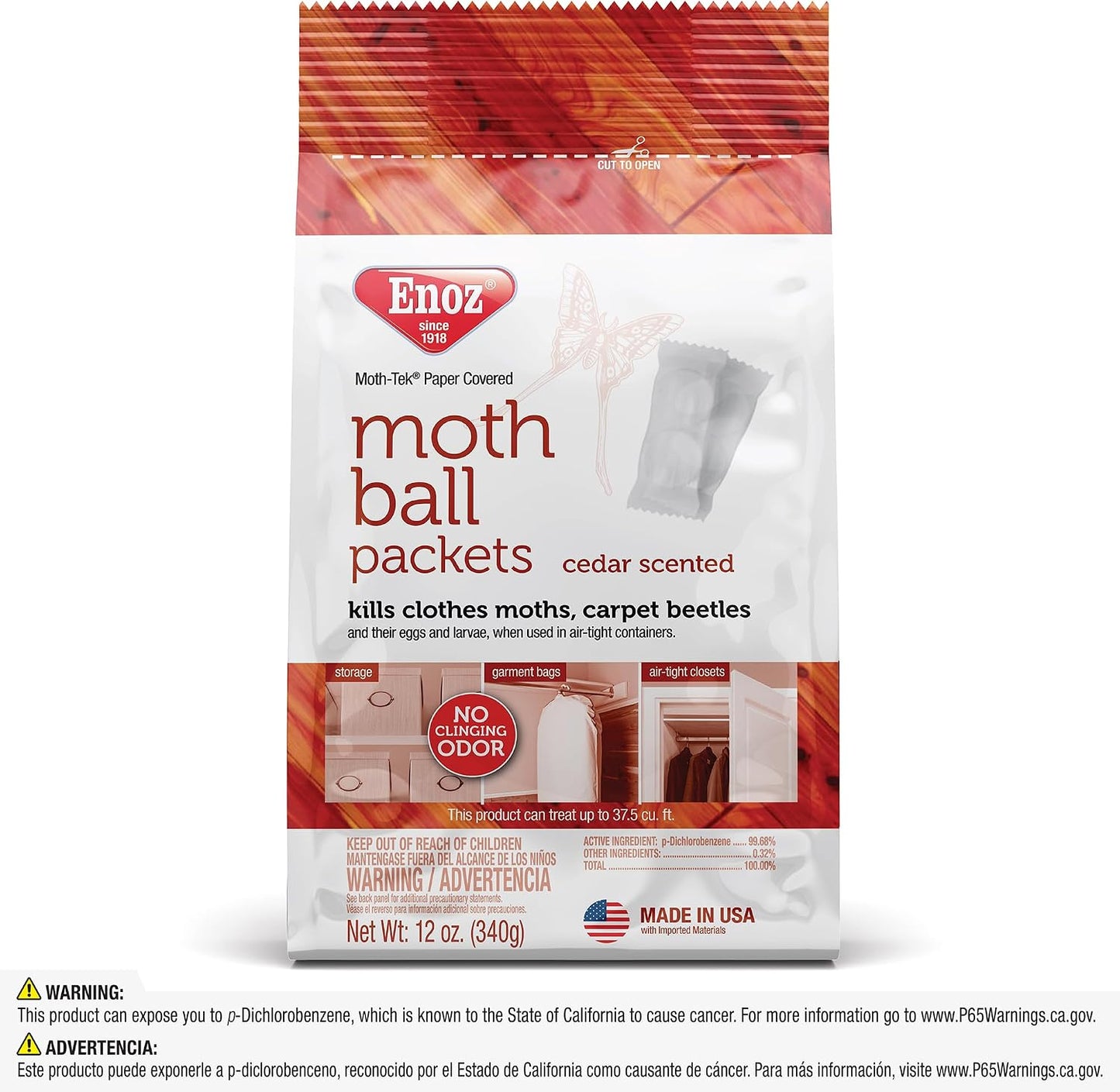 Enoz Moth-Tek Packets Cedar Scent - 12 oz. Bag (3) Kills Clothes Moths, Carpet Beetles, and Eggs and Larvae