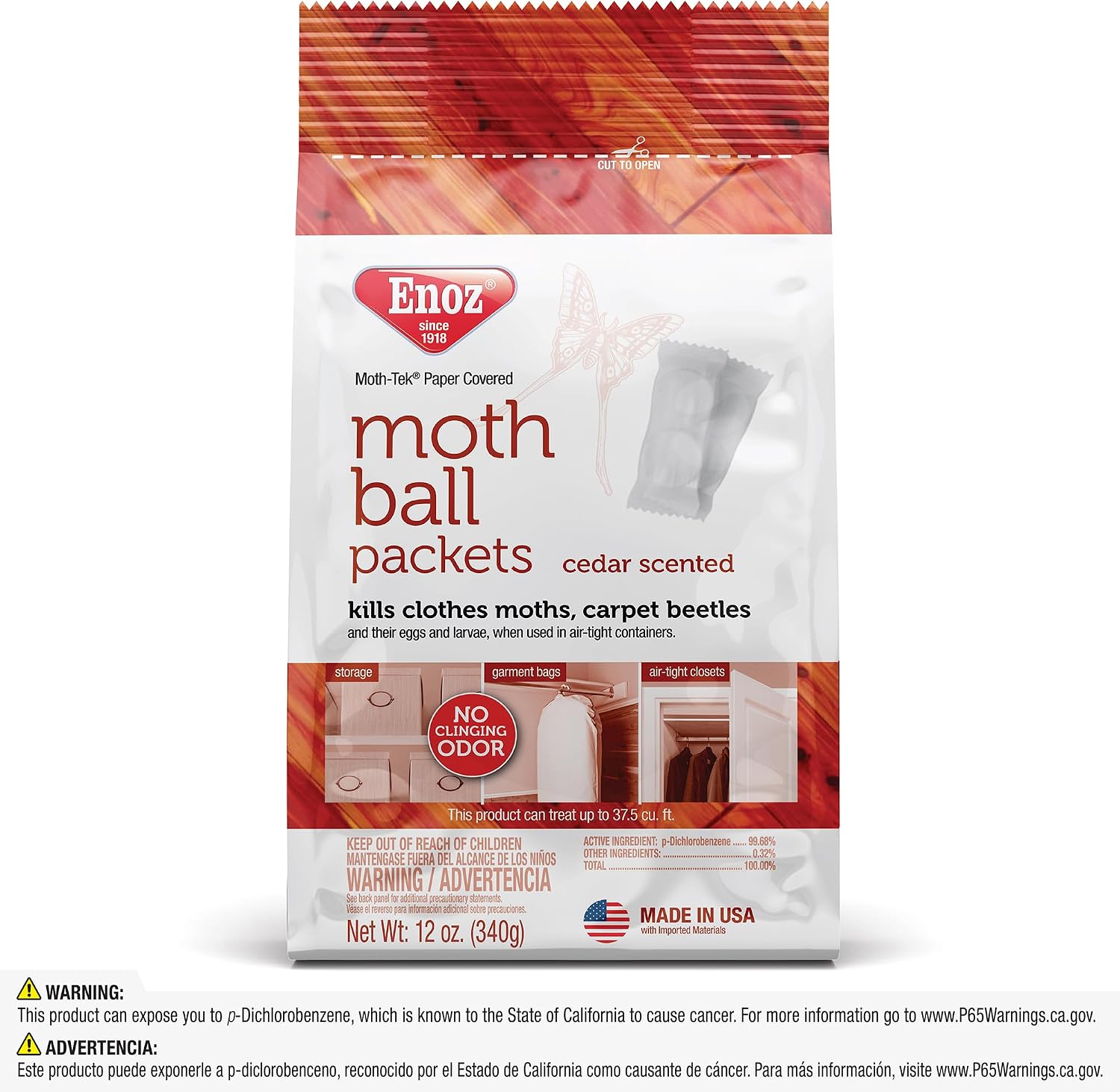 Enoz Moth-Tek Packets Cedar Scent - 12 oz. Bag (3) Kills Clothes Moths, Carpet Beetles, and Eggs and Larvae