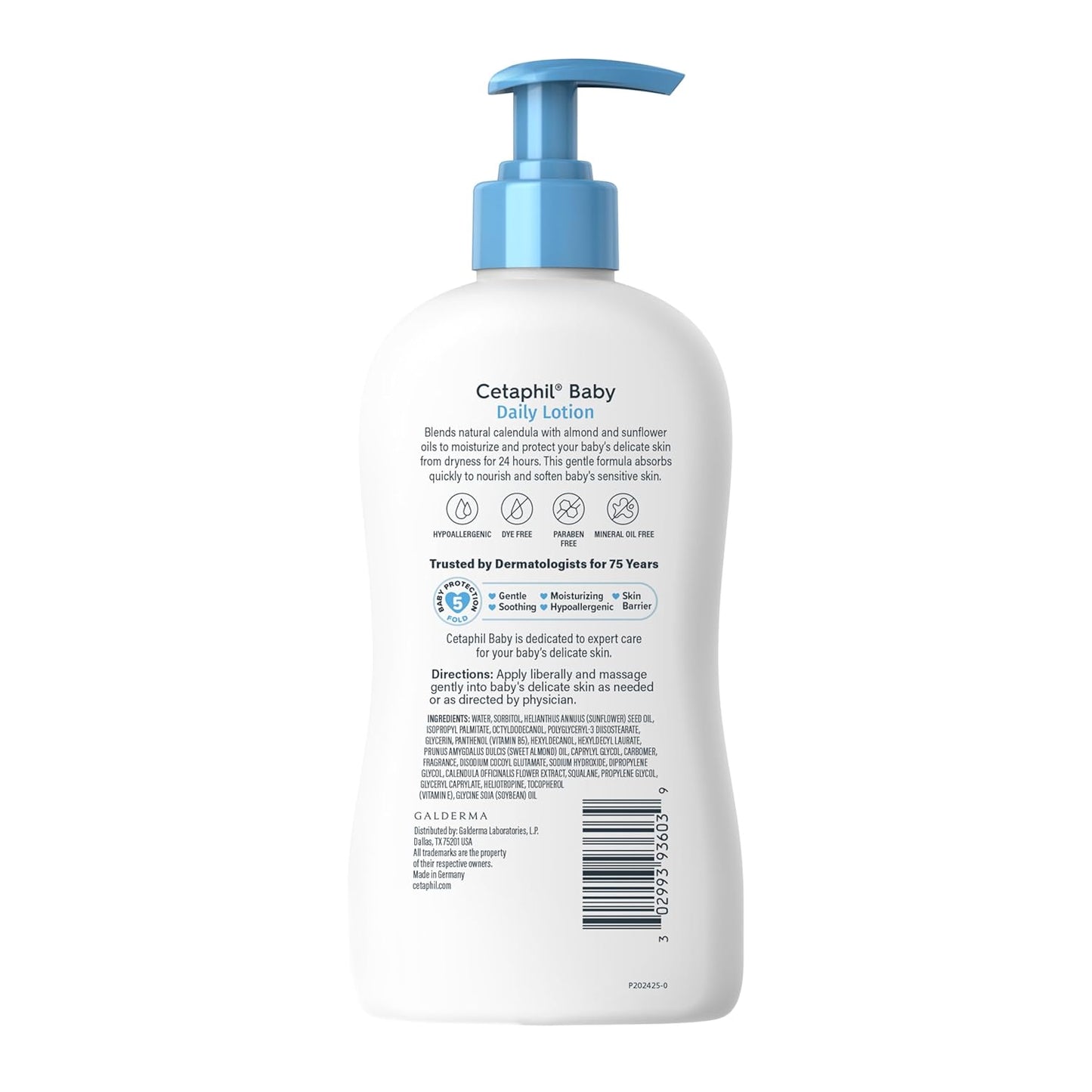 Cetaphil Baby Daily Lotion with Organic Calendula, 13.5 fl oz, Vitamin E, Sweet Almond & Sunflower Oils, Mineral Oil Free, Paraben Free, Dermatologist Tested, Clinically Proven for Sensitive Skin
