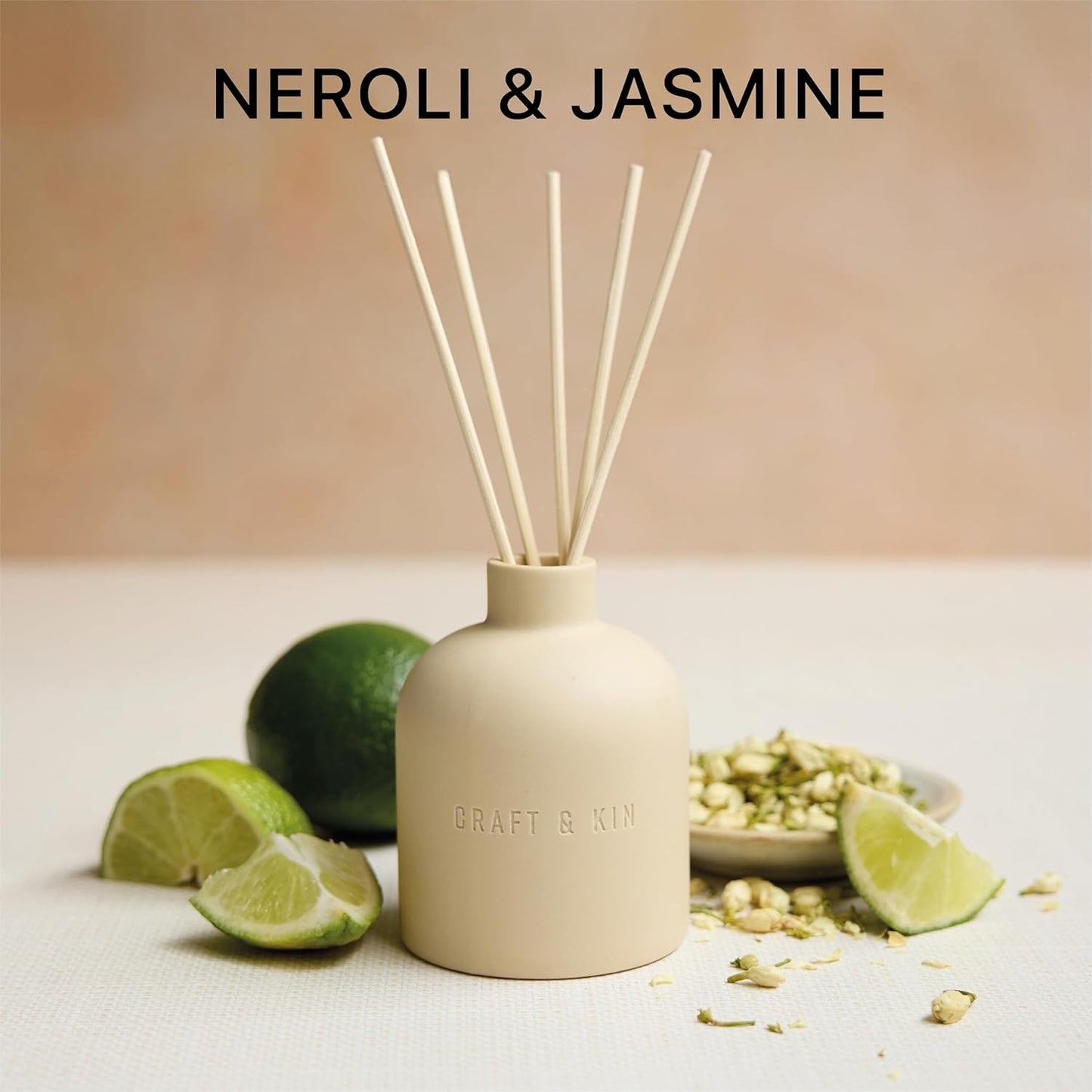 Craft & Kin Neroli & Jasmine Reed Diffuser – Earthenware Collection, 6.7 oz – Alcohol-Free Essential Oil Diffuser for Home & Bathroom – Long-Lasting Fragrance Sticks – Ceramic Room Decor