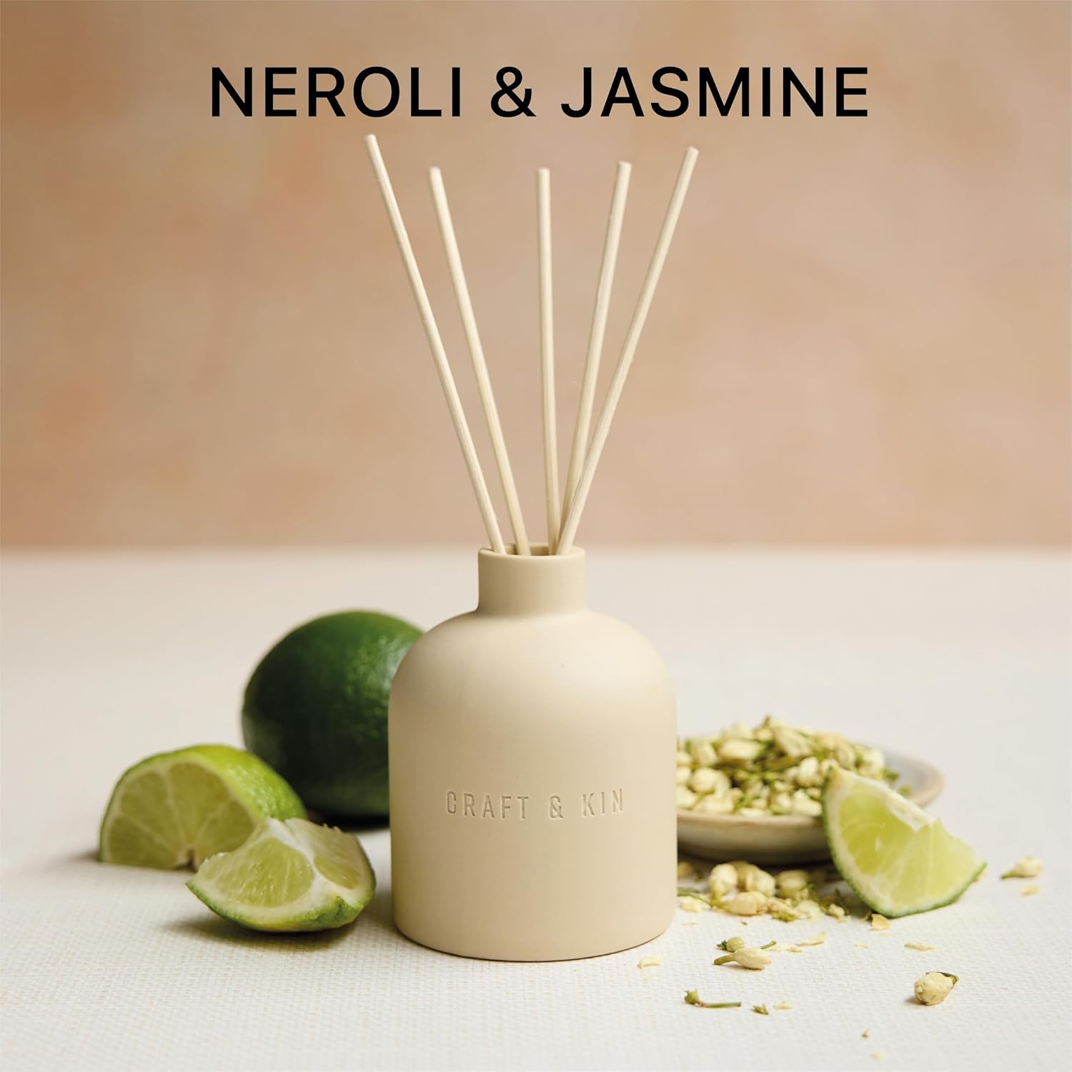 Craft & Kin Neroli & Jasmine Reed Diffuser – Earthenware Collection, 6.7 oz – Alcohol-Free Essential Oil Diffuser for Home & Bathroom – Long-Lasting Fragrance Sticks – Ceramic Room Decor