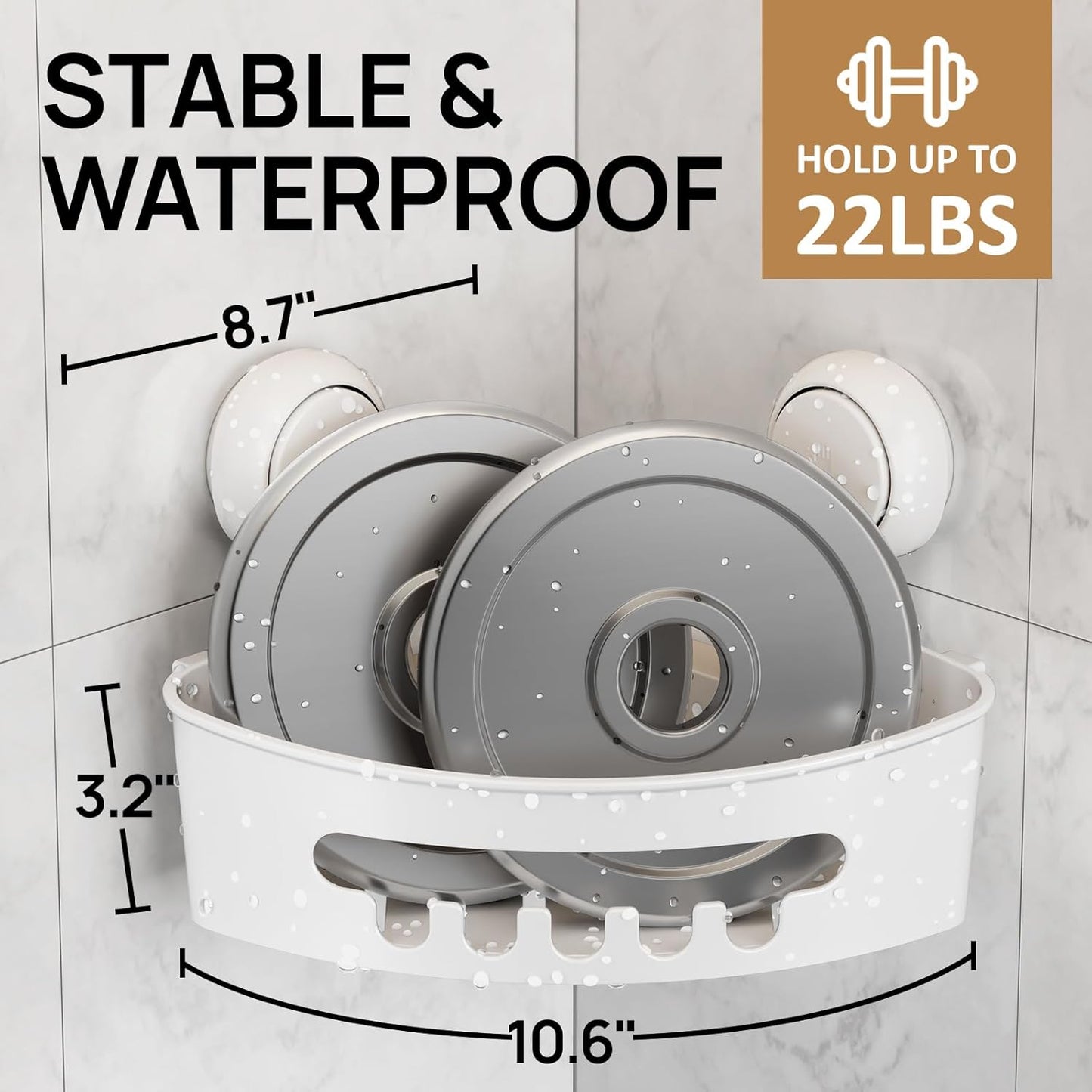 LEVERLOC Corner Shower Caddy Suction Cup, shower shelves suction cup, 2 Pack Basket Powerful Bathroom, Waterproof & Oil-proof Organizer for Kitchen, No-Drilling Removable