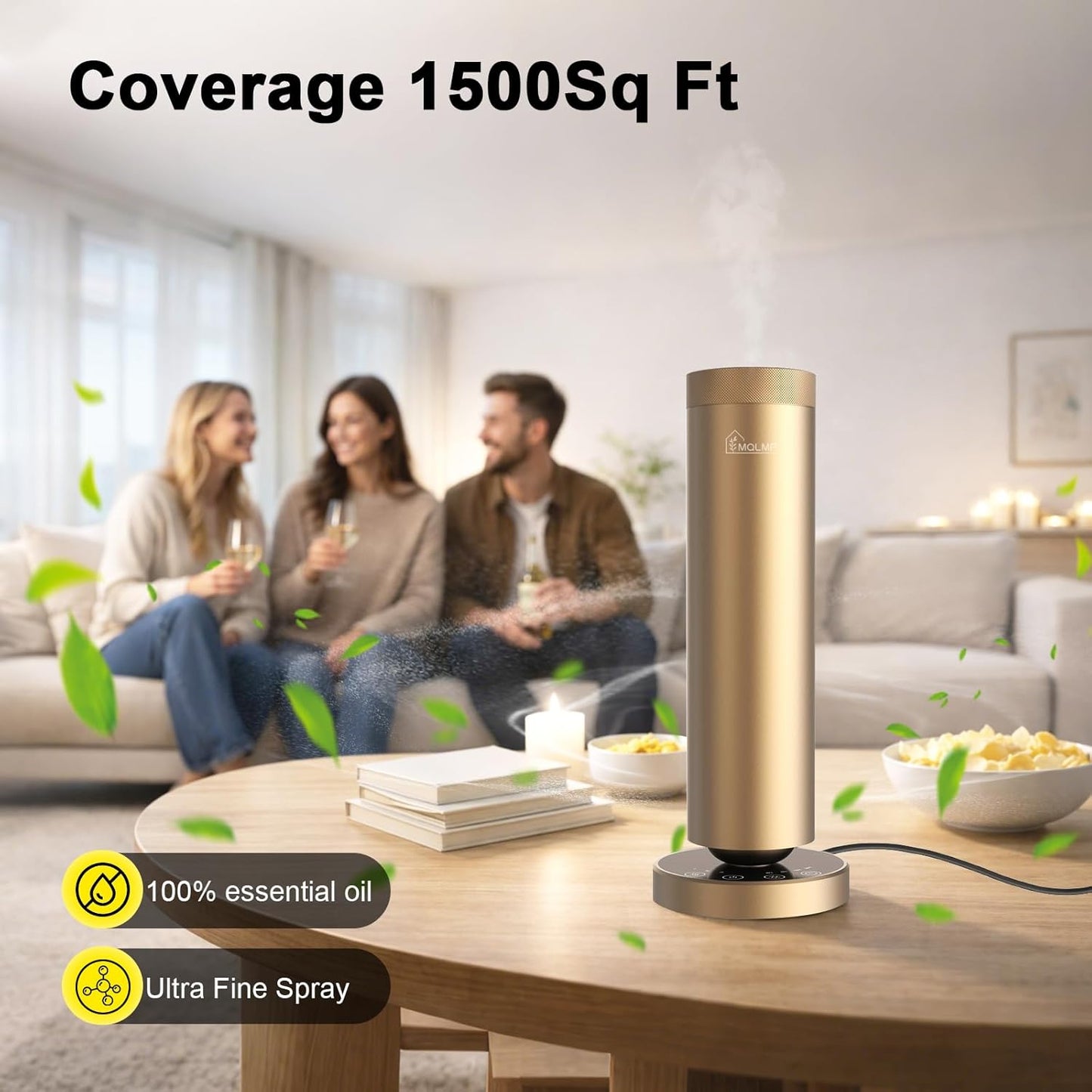 Waterless Diffuser,1500 Sq Ft,Ring Ambient Light,USB Plug-in & Rechargeable,Aluminum,Remote Control&Touch Buttons,Adjustable Fragrance&Timer,Hotel Collection Scent Machine - Gold