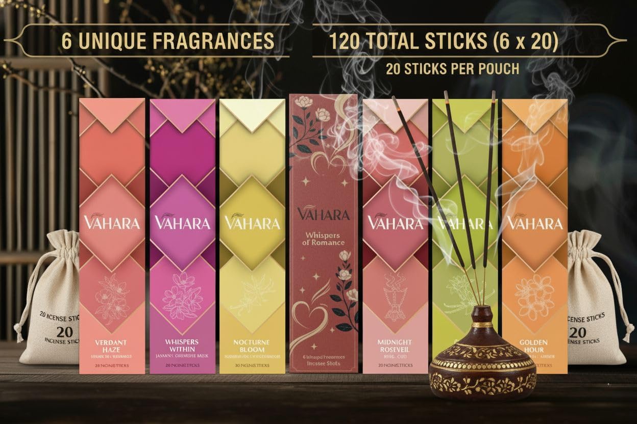Premium VAHARA Incense Sticks Variety Pack – Natural Masala Incense Sticks, Premium VAHARA Hand-Rolled Incense for Home Fragrance, Aromatherapy & Meditation (Whispers of Romance, 6 Fragrance Packs)