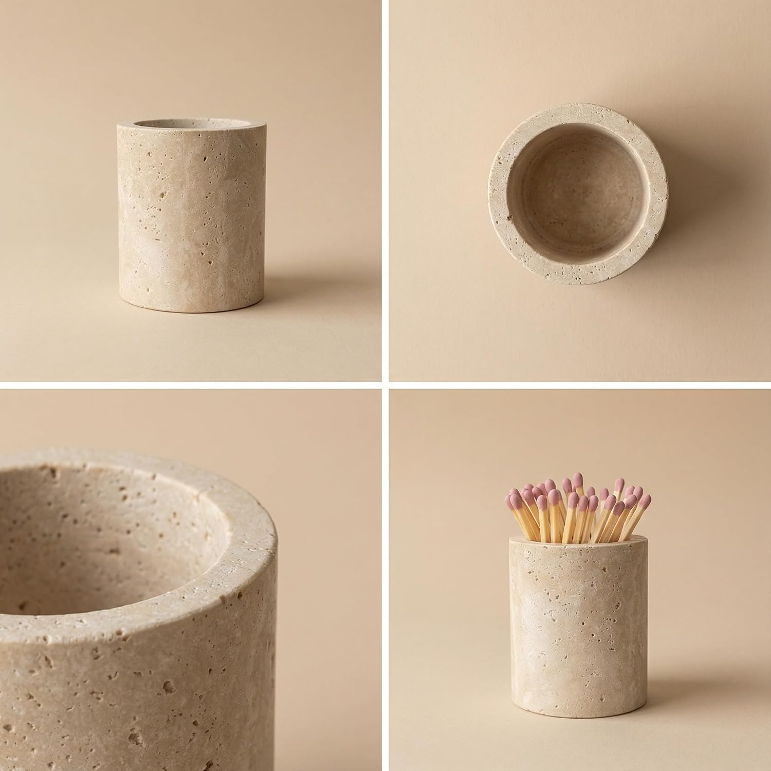 Match Holder with Striker Travertine Match Jar Decorative 2.5” x 3” Matchstick Organizer for Fireplace, Candles, Parlor Cute Match Jar for Home Decor Gift, Matches Not Included