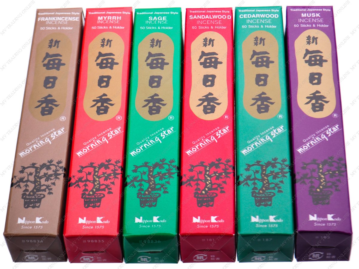 Morning Star Sandlewood Scent Japanese Incense Sticks, 6 Box of 50 Sticks (Sage, Sandalwood, Cedarwood, Musk, Frankincense and Myrrh)