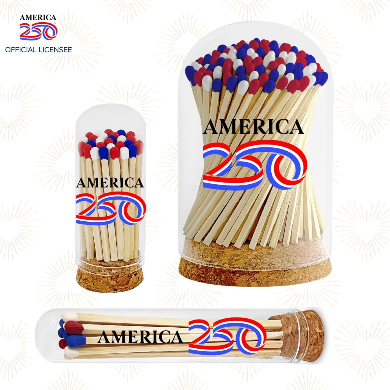 Decorative Matches in a A250 Glass Jar | 4" Red White Blue Long Matches (100 Match Sticks) + 3 Cork Top Dome Glass Holders + Striker Stickers by Thankful Greetings, USA