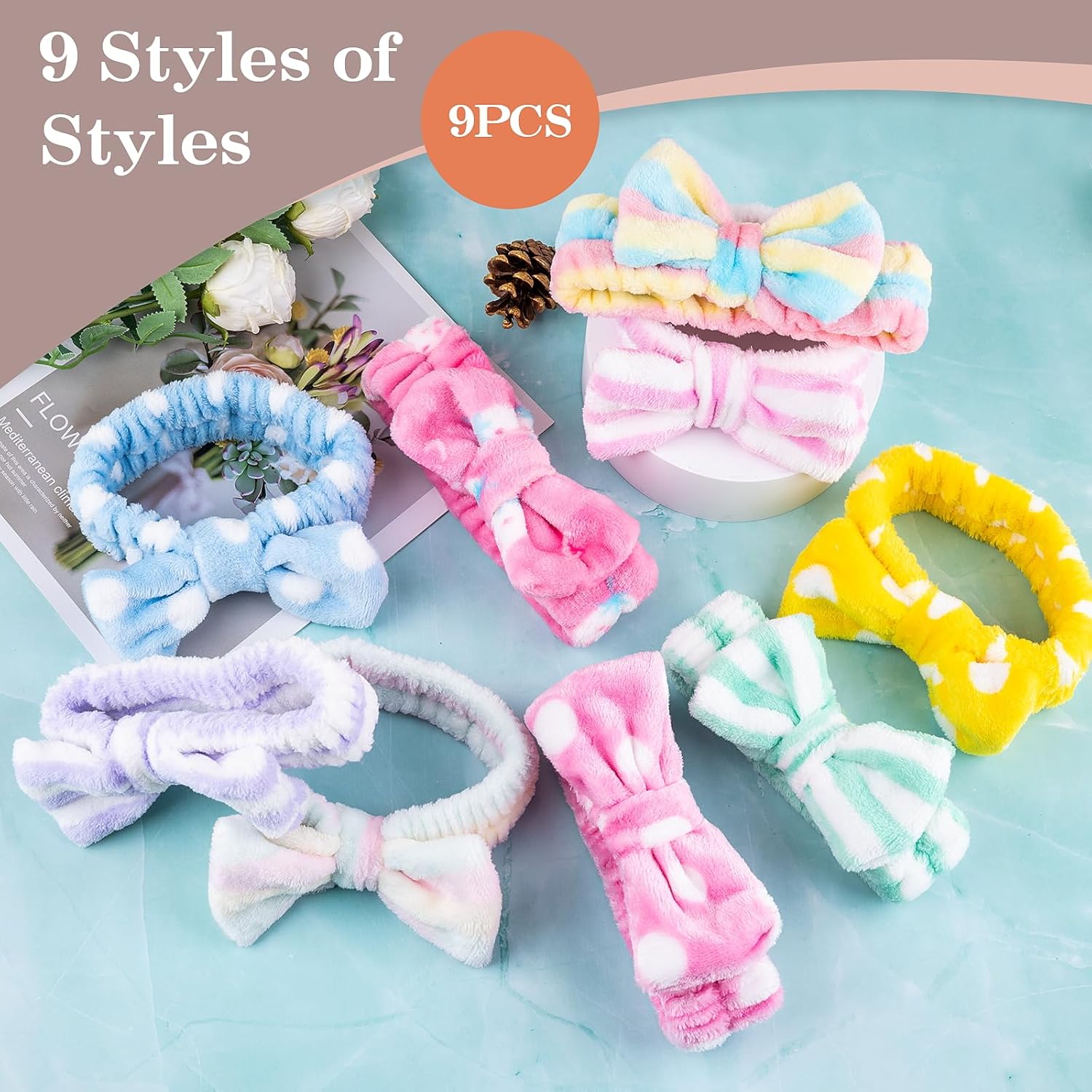 9 Pcs Spa Headband for Washing Face, Skincare Headband, Microfiber Makeup Headbands for Women Girls, Face Wash Skin Care Headbands, Facial Make Up Hair Head band, Bow Shower Hair Band for Teens Gift