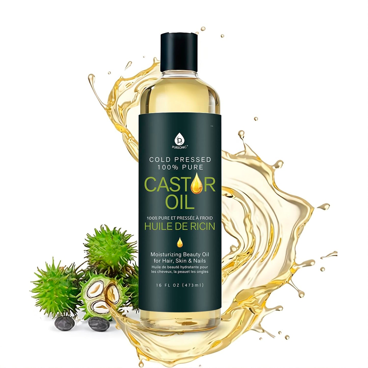 Pursonic Castor Oil (16oz) Cold-Pressed, 100% Pure, Hexane-Free Castor Oil-Moisturizing & Healing, For Dry Skin, Hair Growth - For Skin, Hair Care, Eyelashes