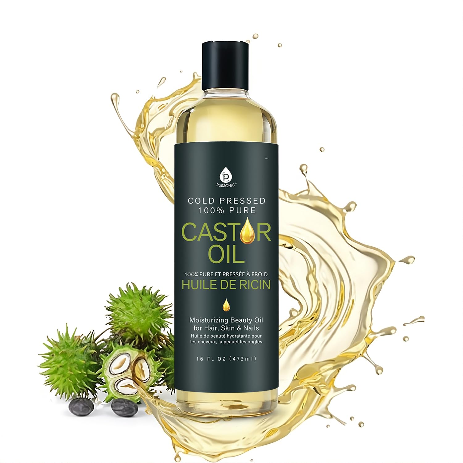 Pursonic Castor Oil (16oz) Cold-Pressed, 100% Pure, Hexane-Free Castor Oil-Moisturizing & Healing, For Dry Skin, Hair Growth - For Skin, Hair Care, Eyelashes