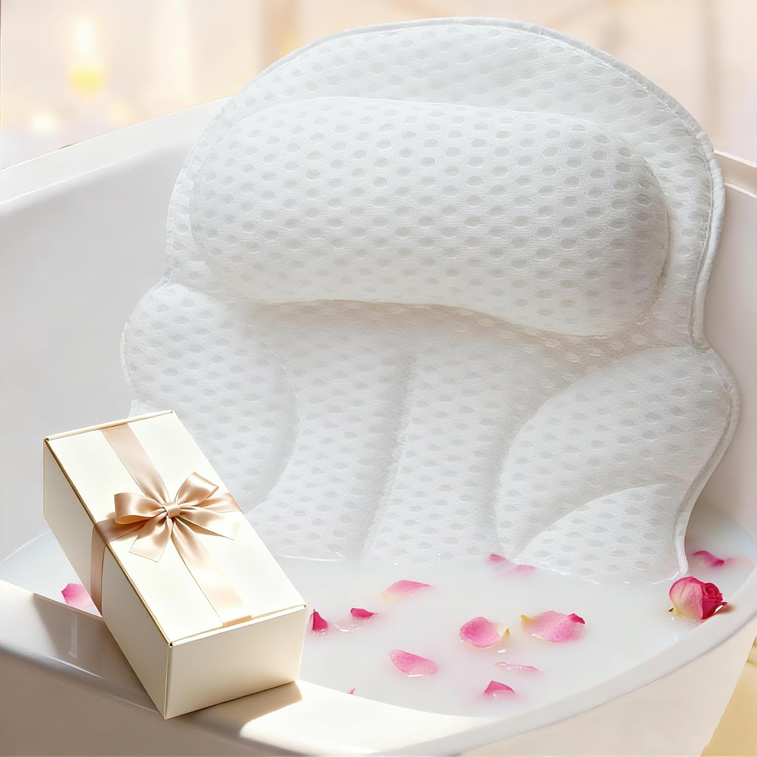 Bath Pillow Bathtub Pillow, Luxury Bath Pillows for Tub with Head, Neck & Back Support, 4D Air Mesh Bath tub Pillow with Extended Wings, Non-Slip Suction Cups Relaxing Spa Gift for Woman