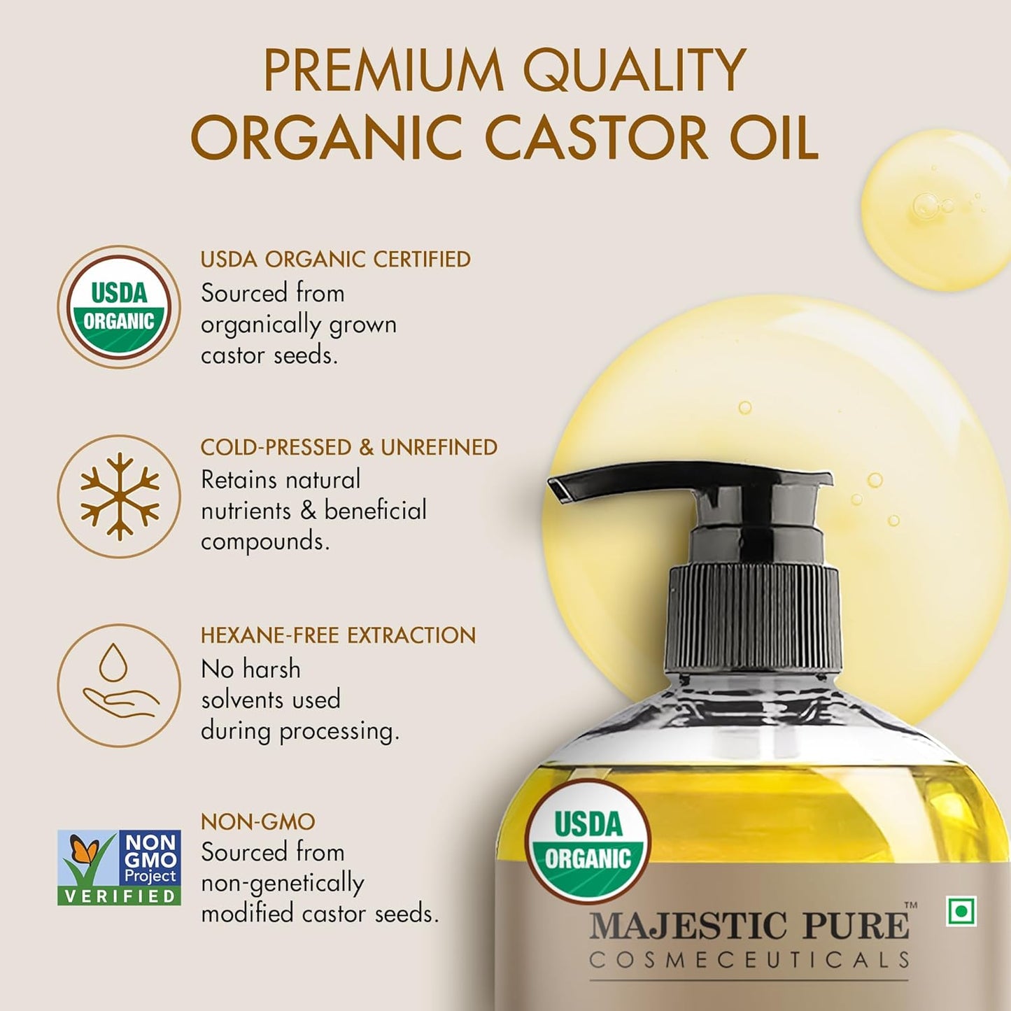 Majestic Pure Oil - 100% Pure and Natural- Cold Pressed & Hexane Free Natural Hair Growth Oil for Eyelashes, Eyebrows, Skin, Body, Face, Nails & Scalp - USDA Organic Castor Oil 8 Fl Oz